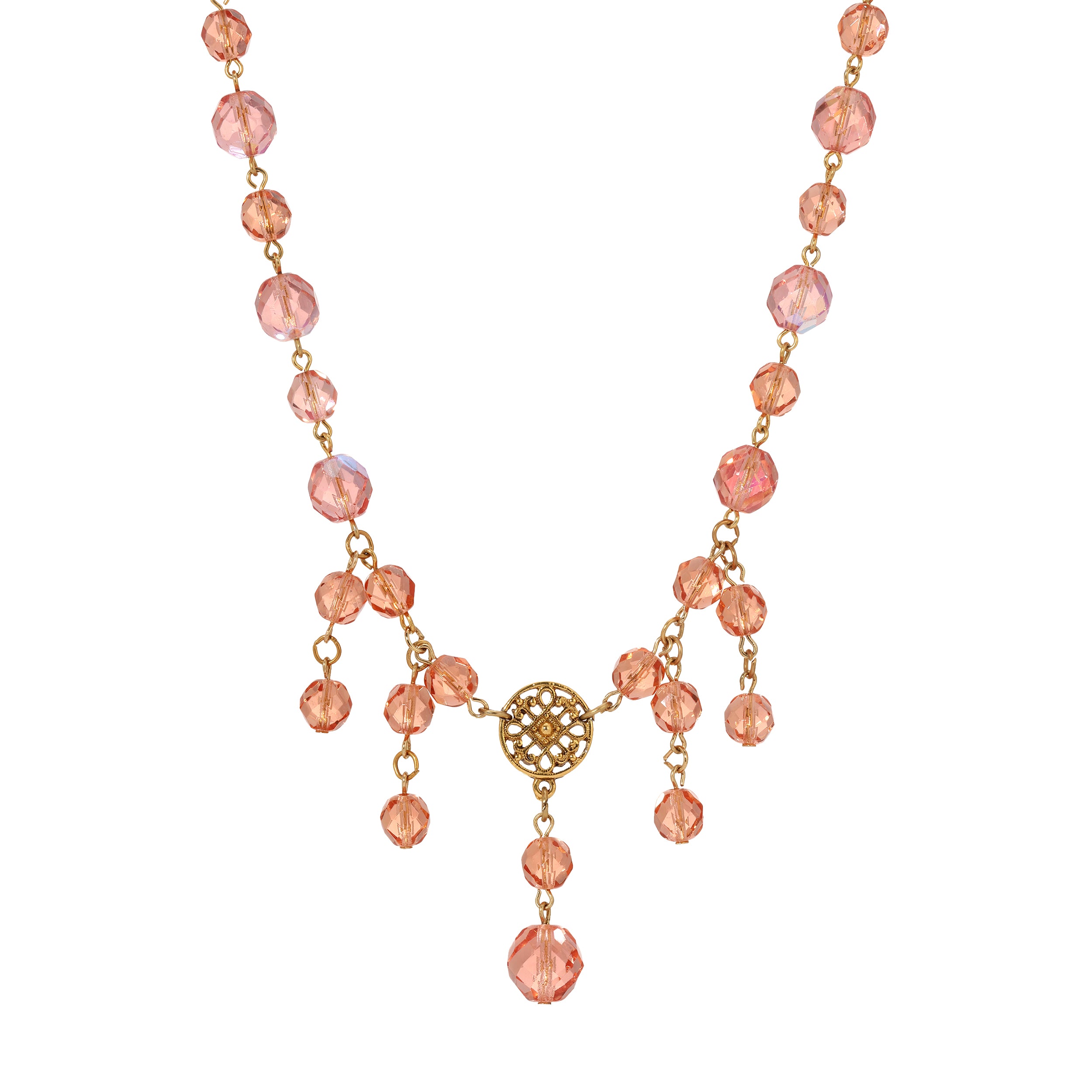 Peach Rose Glass AB Round Bead Drop Necklace 16" + 3" Extension