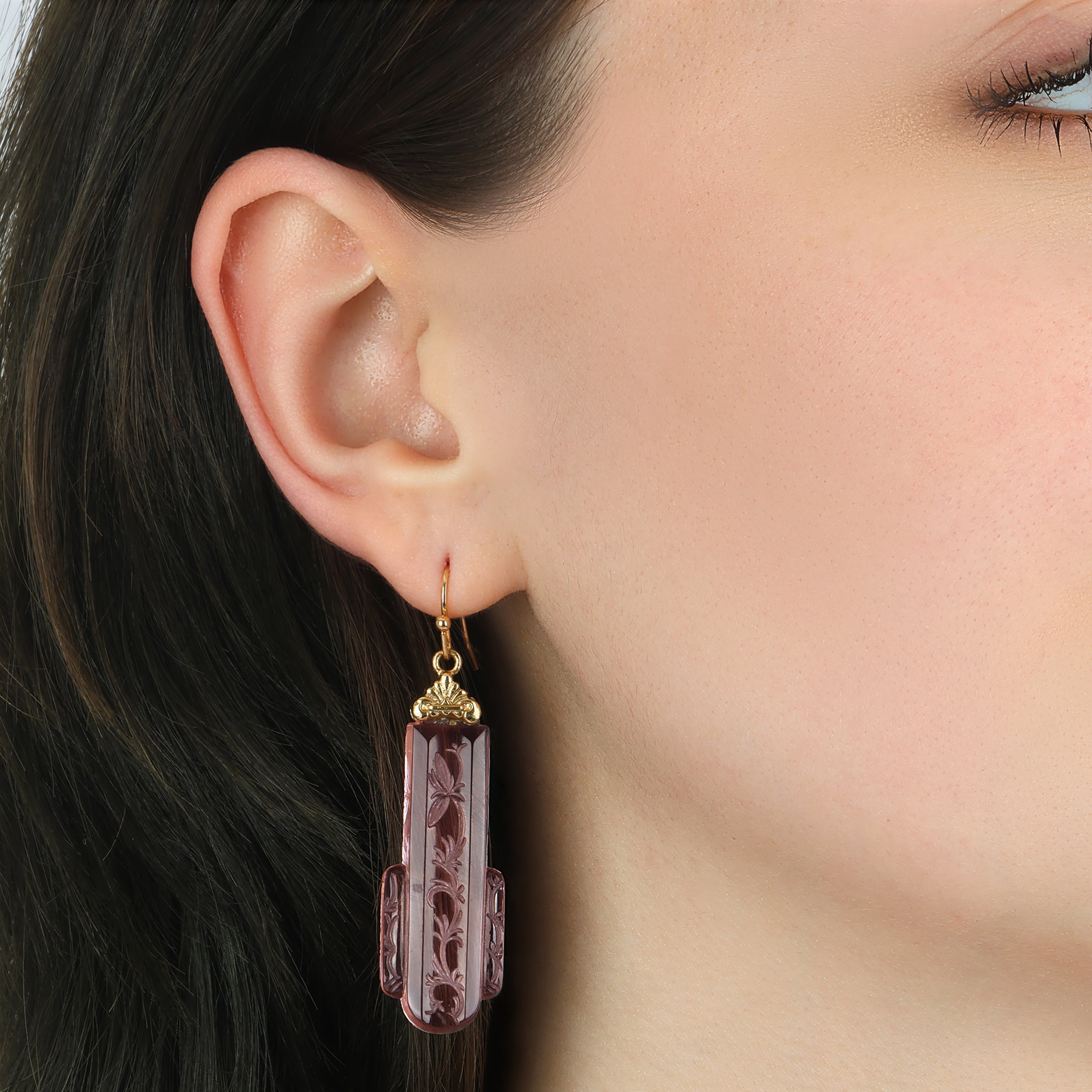 Woman wearing our Gold Tone and Peach Vintage Garden Motif Designed Glass Drop Earrings