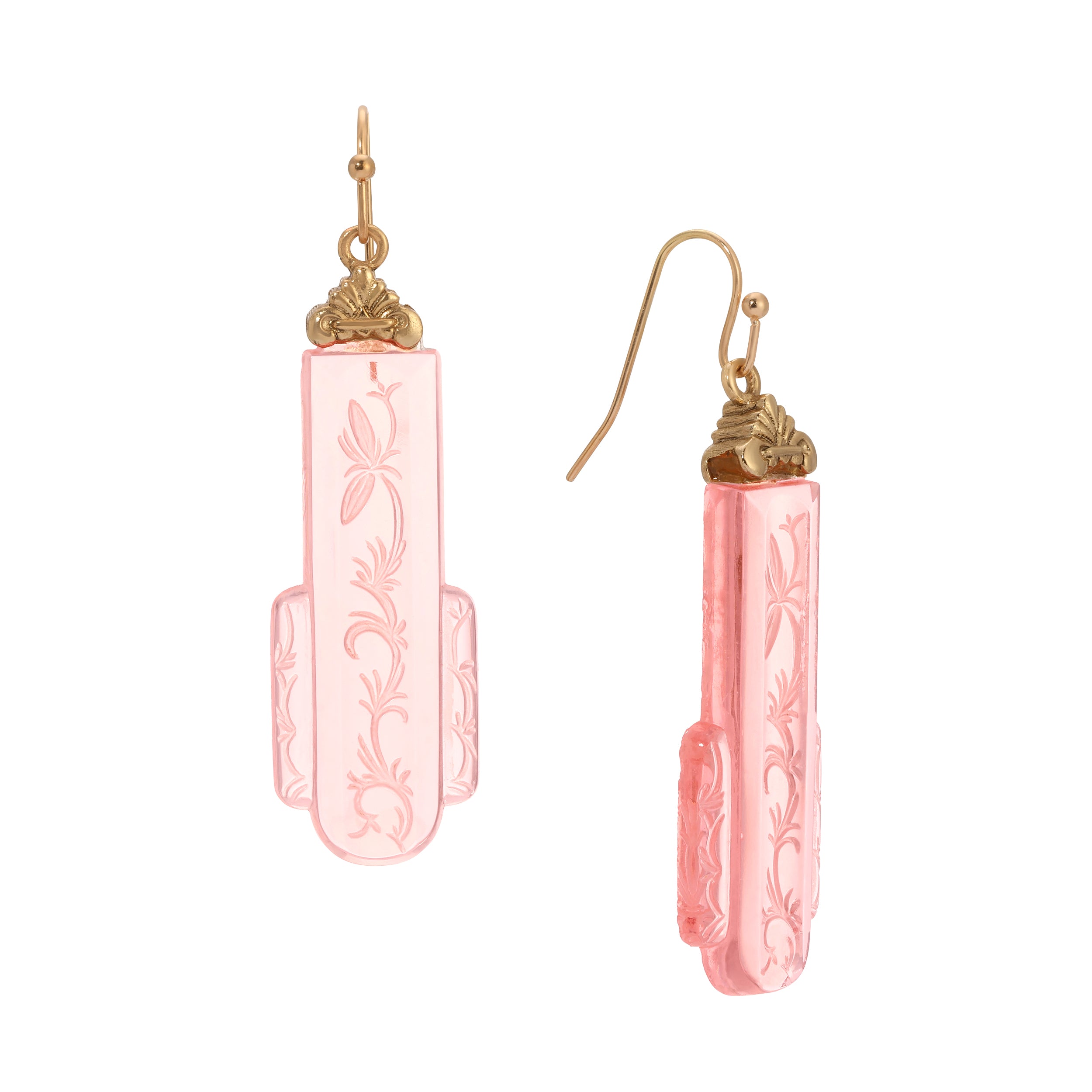 Gold Tone and Peach Vintage Garden Motif Designed Glass Drop Earrings