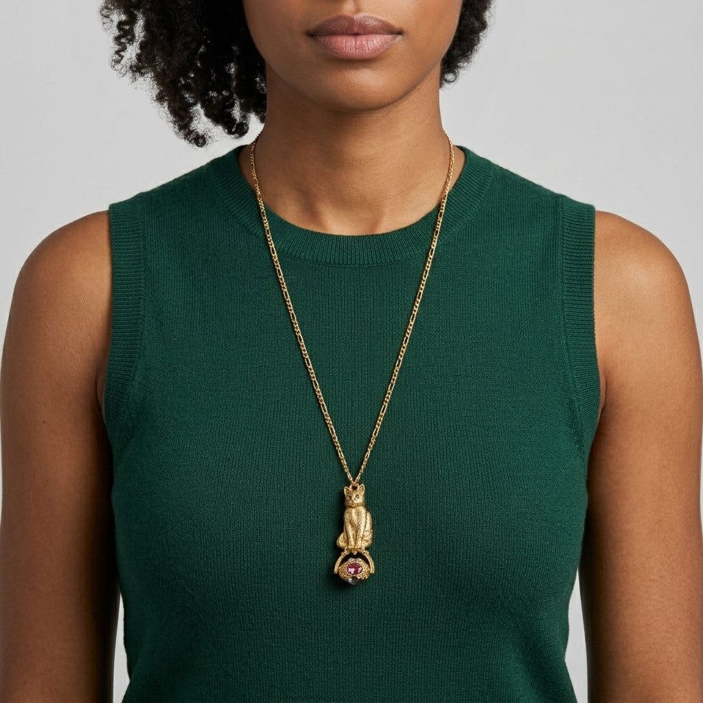 Woman wearing a gold necklace with a cat spinner pendant on a plain background