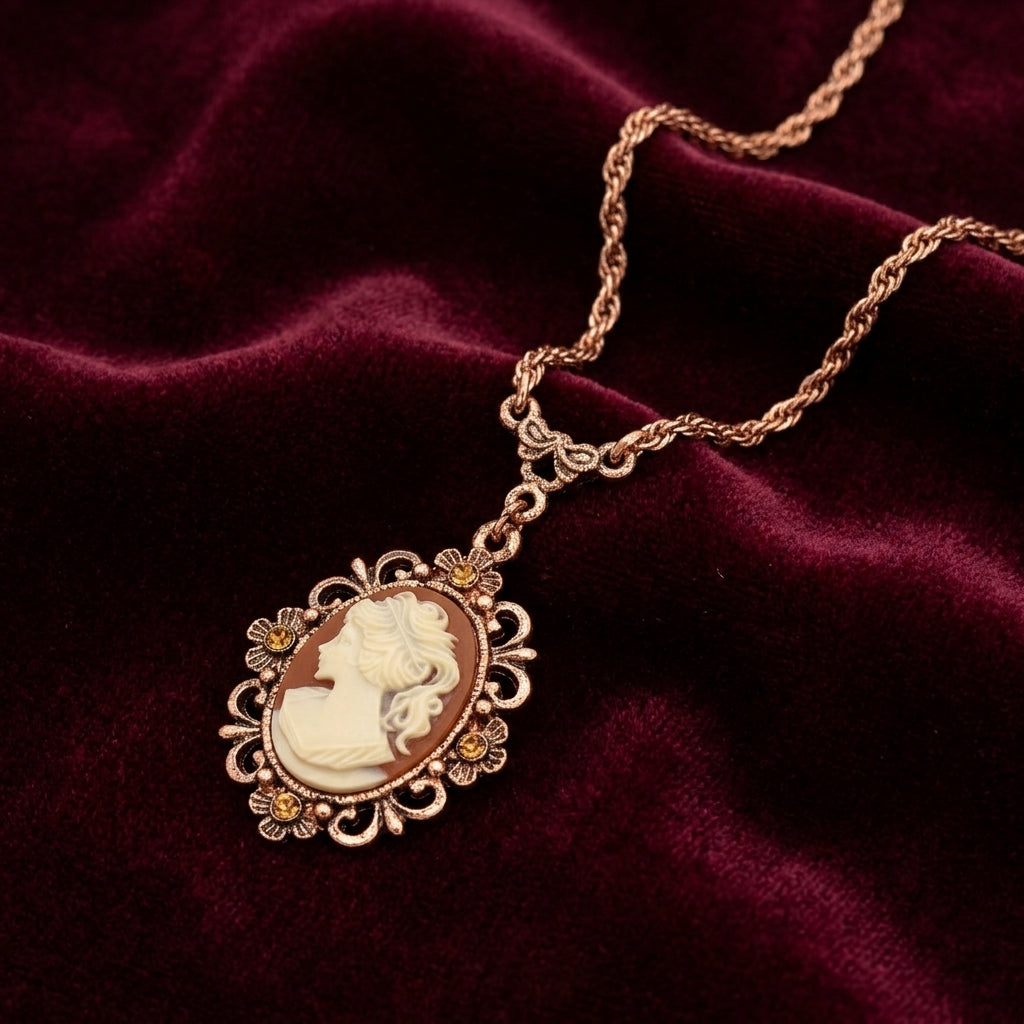 Vintage-style cameo necklace on a burgundy velvet background