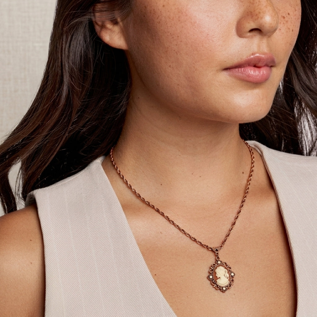 Close-up of a woman wearing a necklace with a cameo pendant