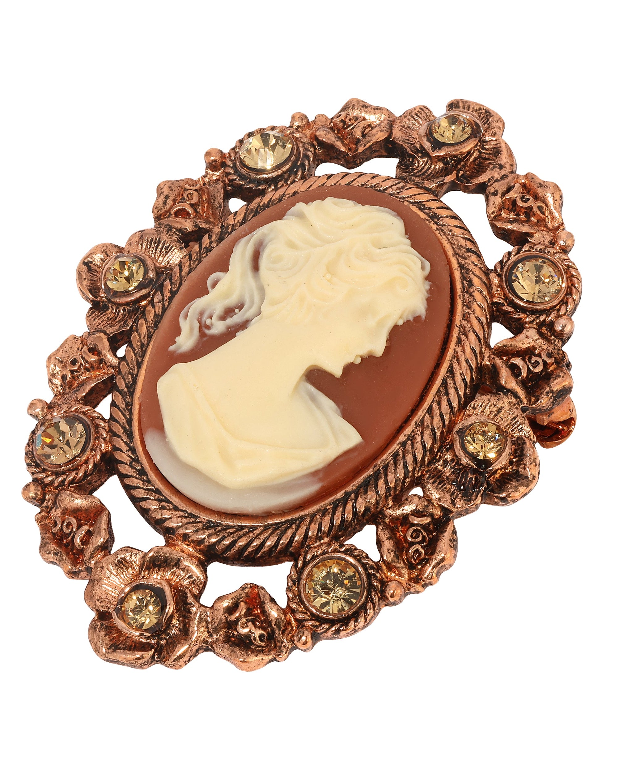 1928 Jewelry Floral & Topaz Crystal Cameo Brooch