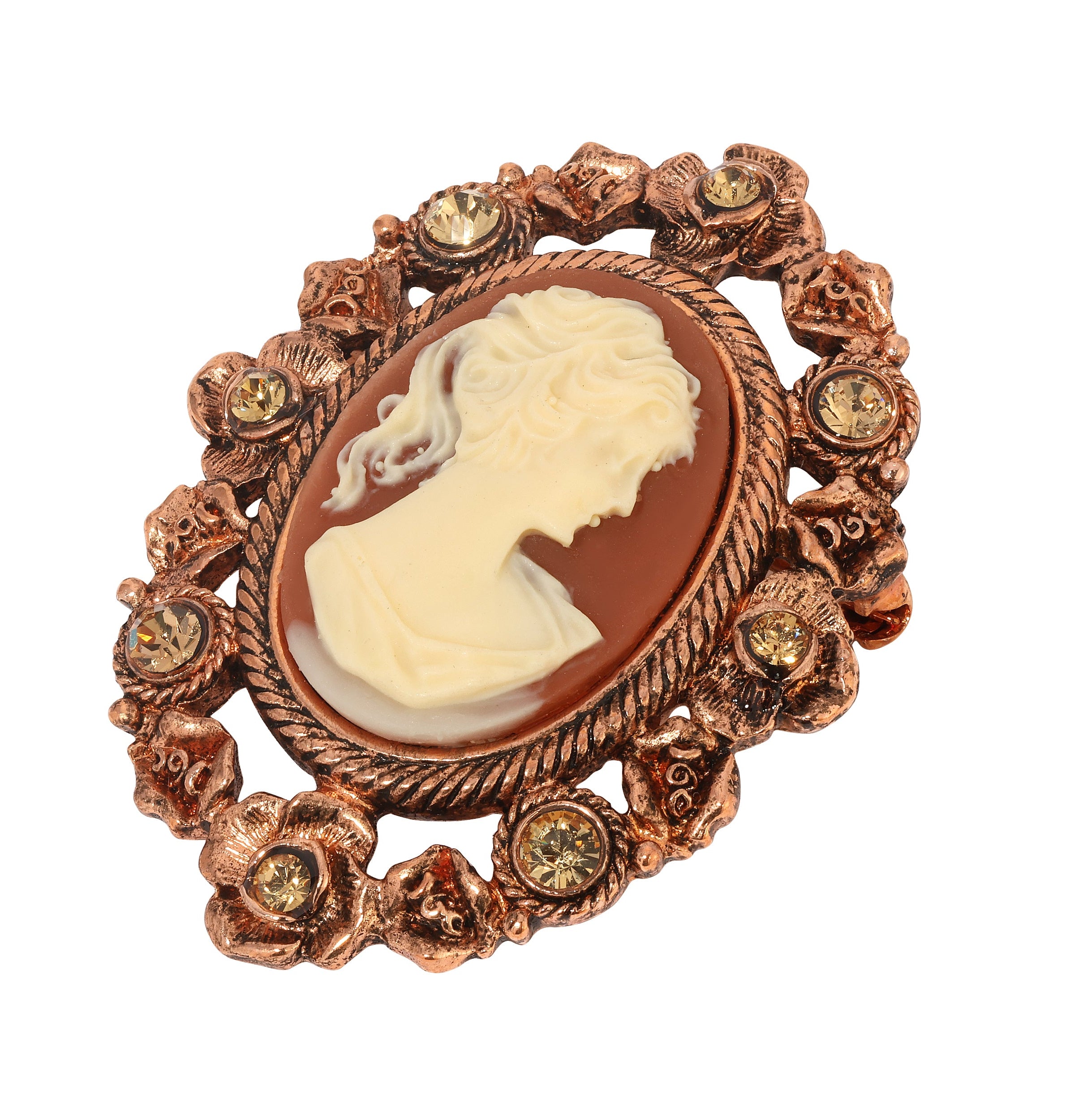 1928 Jewelry Floral & Topaz Crystal Cameo Brooch