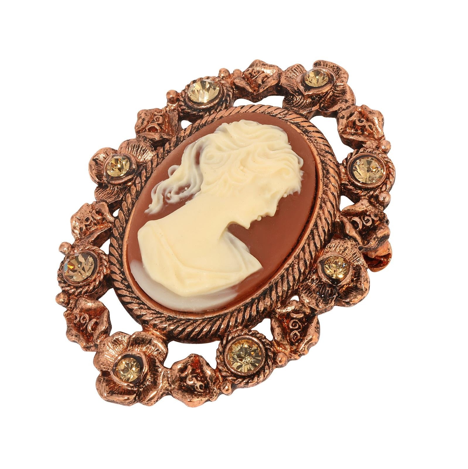 1928 Jewelry Floral & Topaz Crystal Cameo Brooch