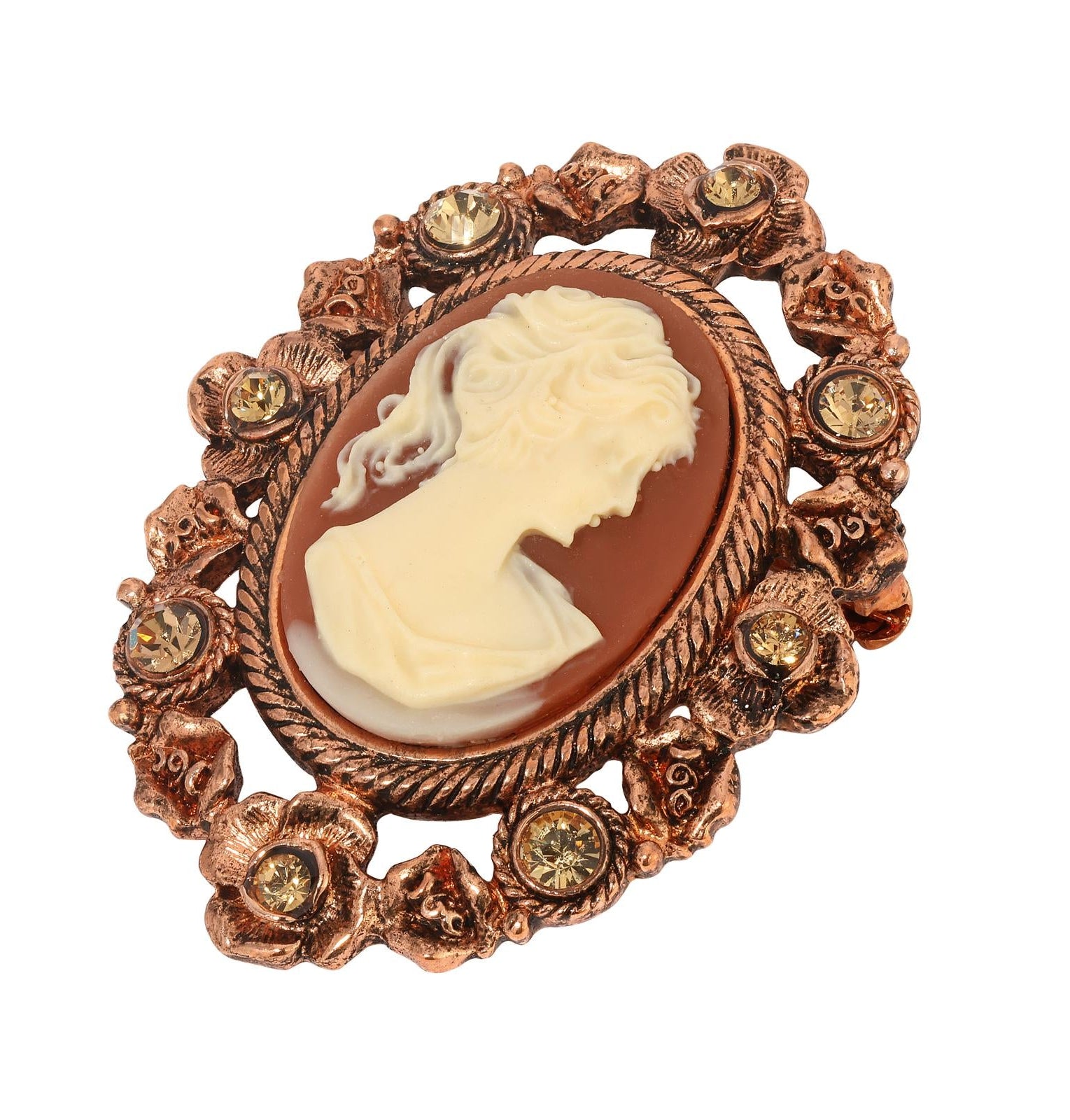 1928 Jewelry Floral & Topaz Crystal Cameo Brooch