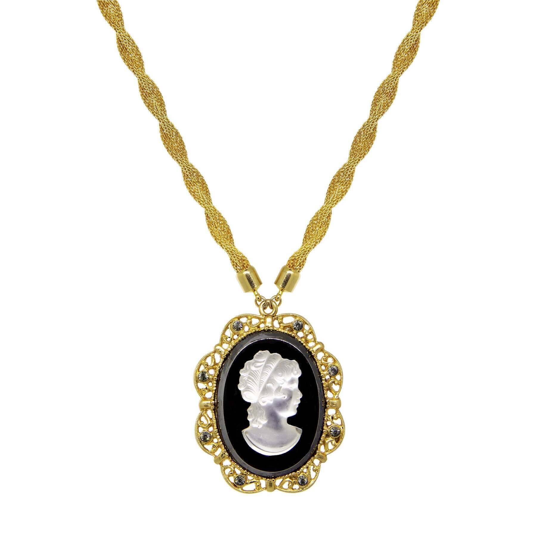 1928 Jewelry Golden Era Noir Et Clair Cameo Necklace 16" + 3" Extension