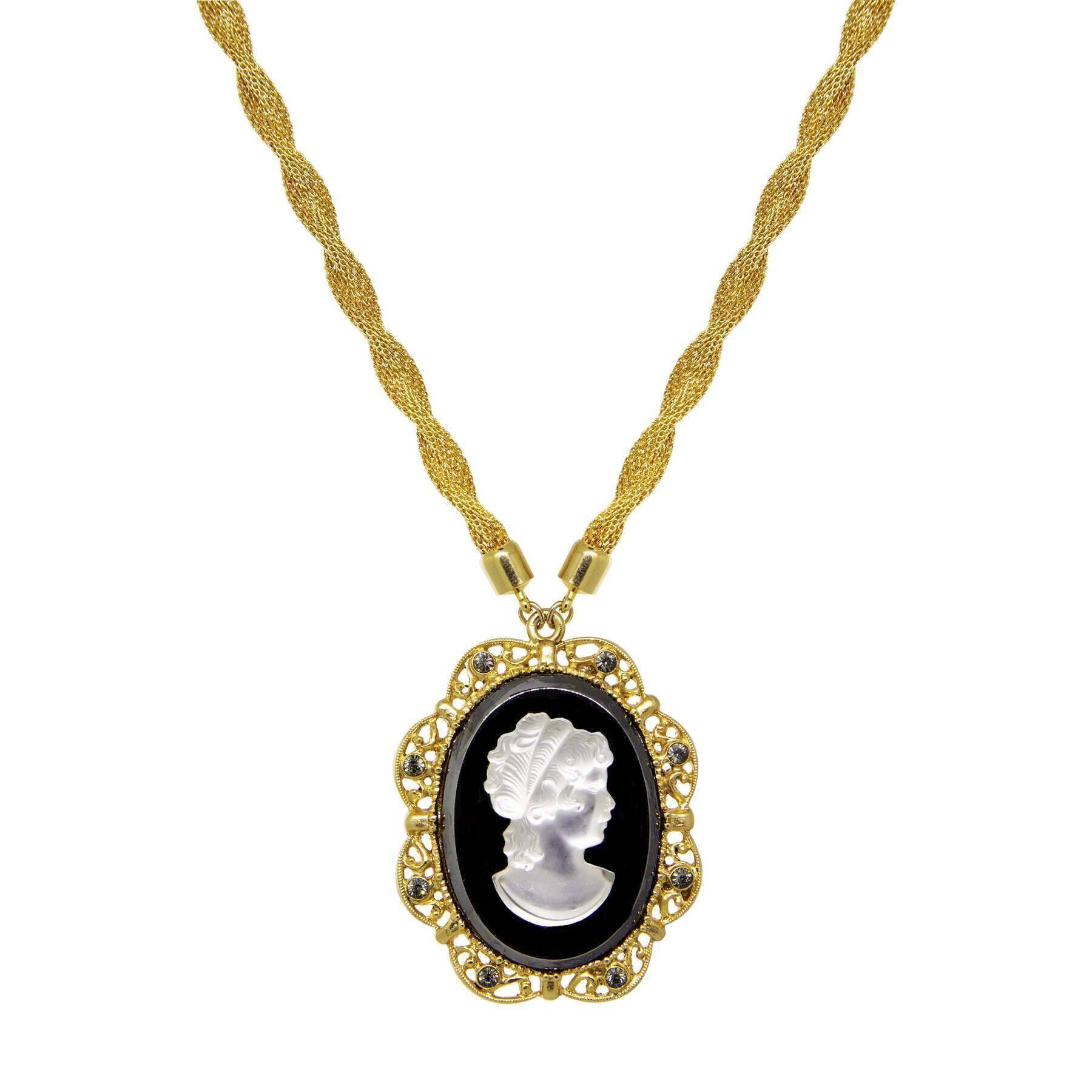 1928 Jewelry Golden Era Noir Et Clair Cameo Necklace 16" + 3" Extension
