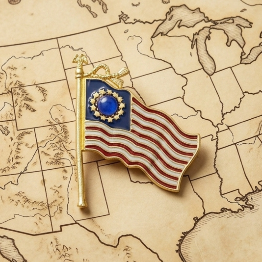 Pin with an original 13 colonies USA flag design on a vintage map background
