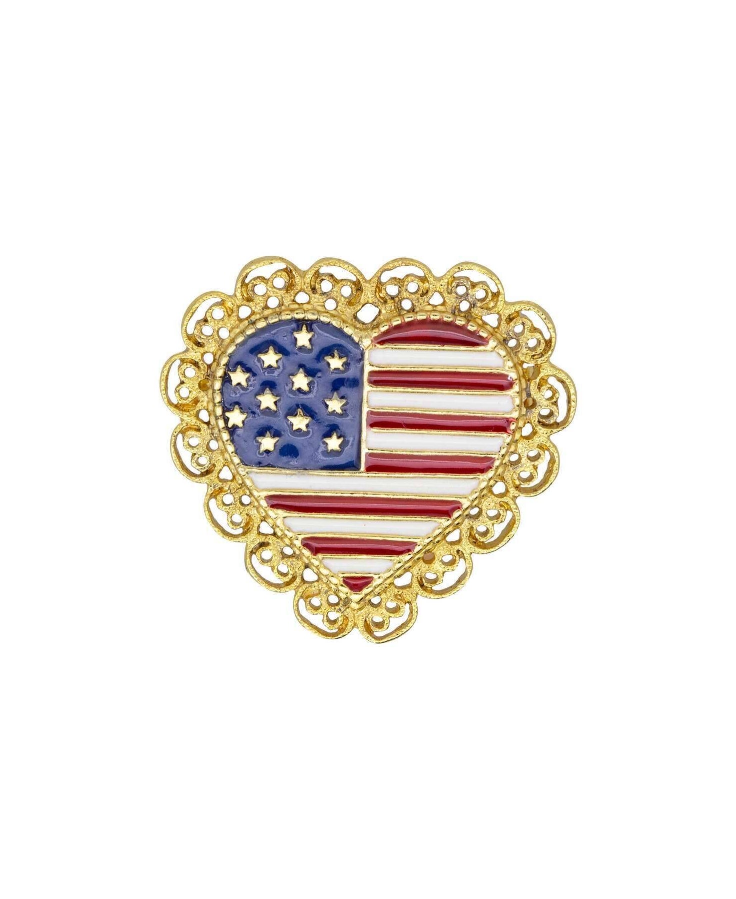 1928 Jewelry Patriotic American Flag Heart Filigree Pin