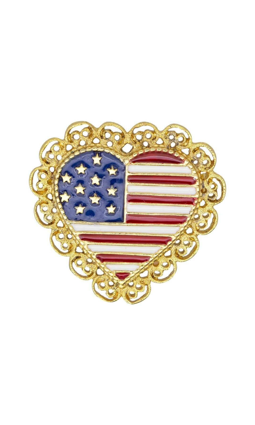 1928 Jewelry Patriotic American Flag Heart Filigree Pin