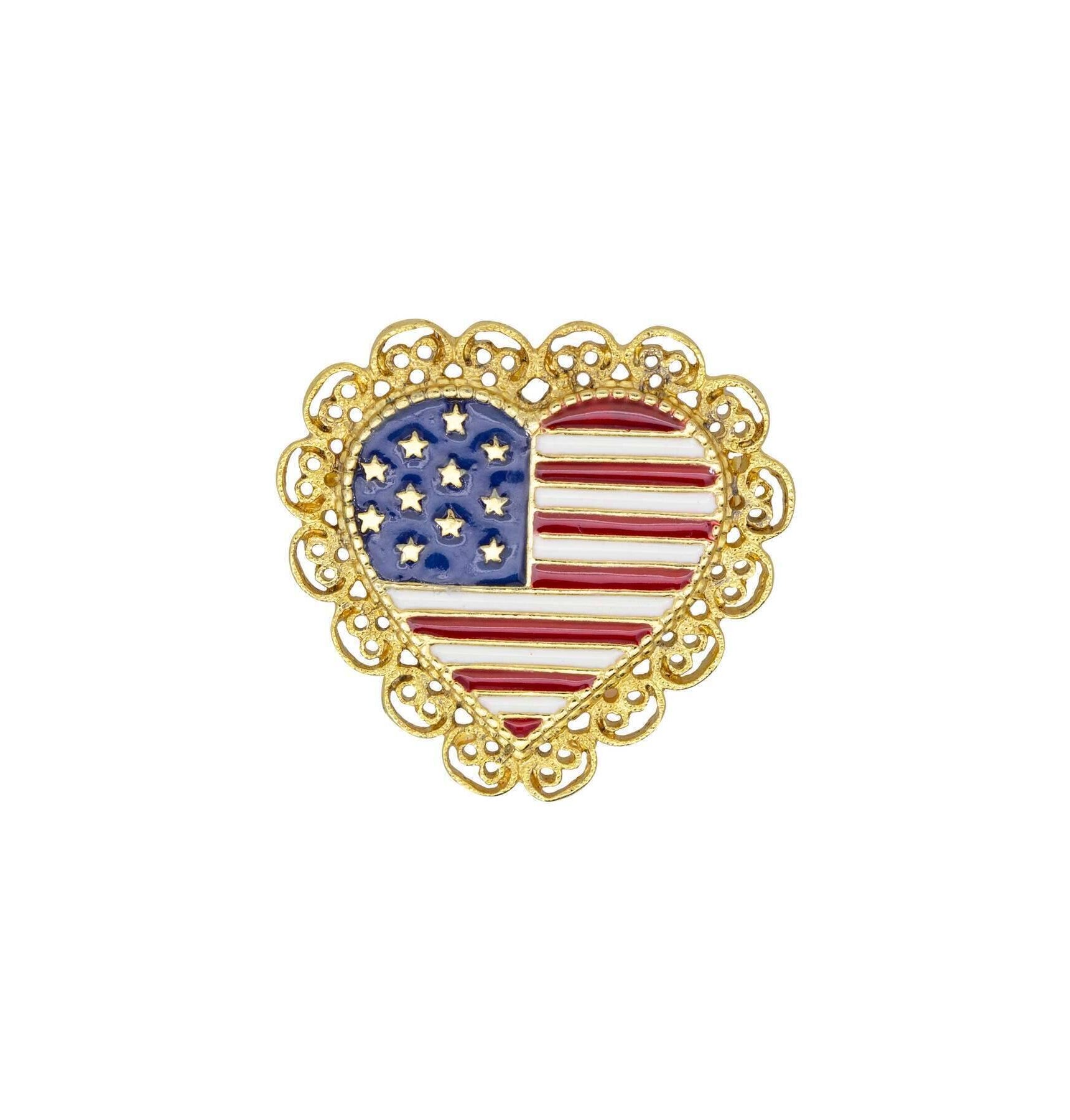 1928 Jewelry Patriotic American Flag Heart Filigree Pin