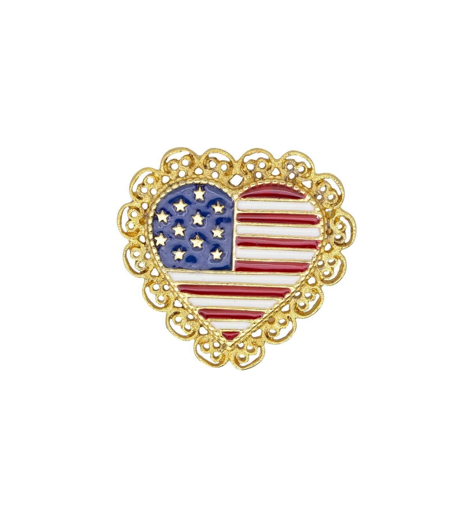 1928 Jewelry Patriotic American Flag Heart Filigree Pin