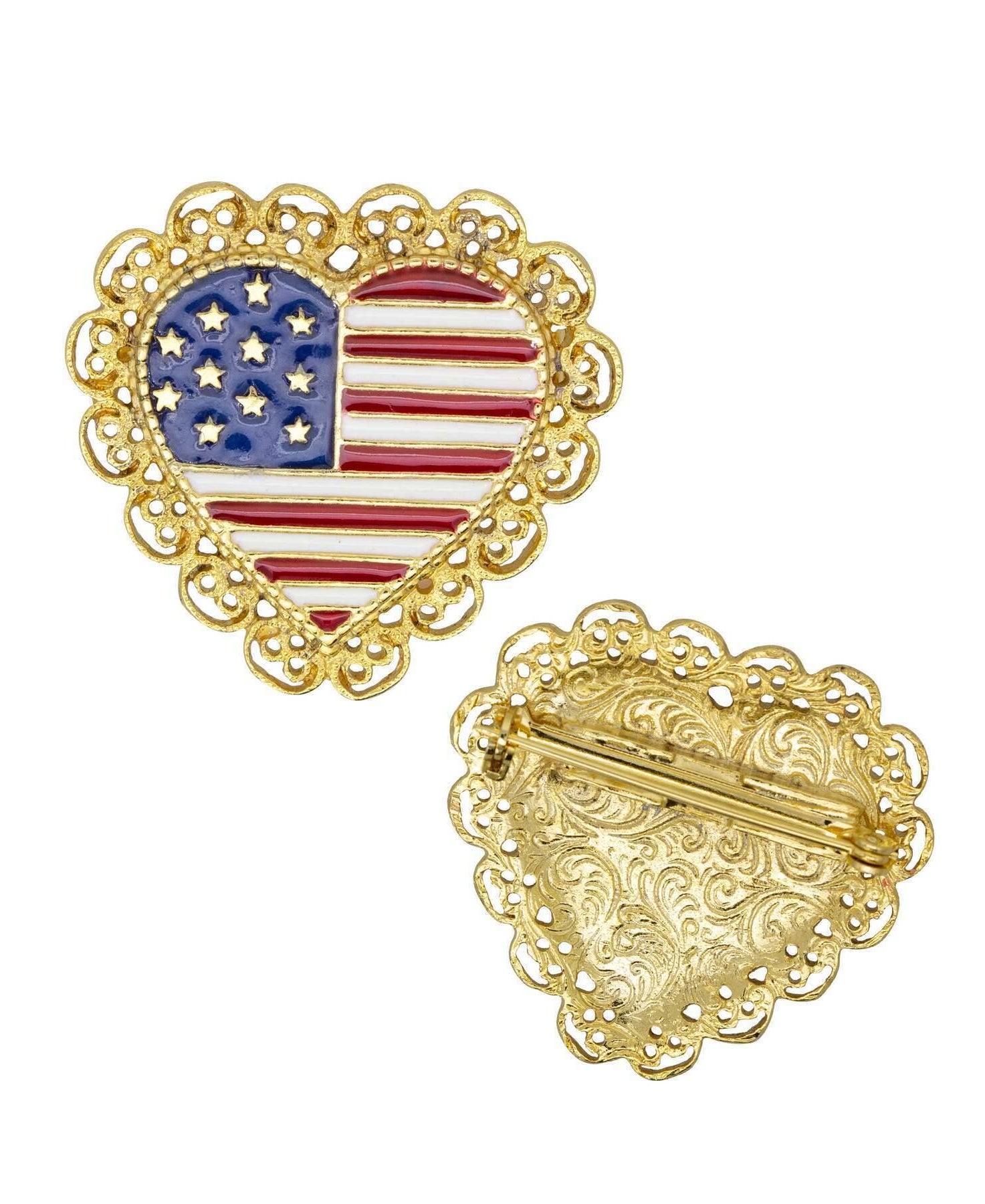 1928 Jewelry Patriotic American Flag Heart Filigree Pin