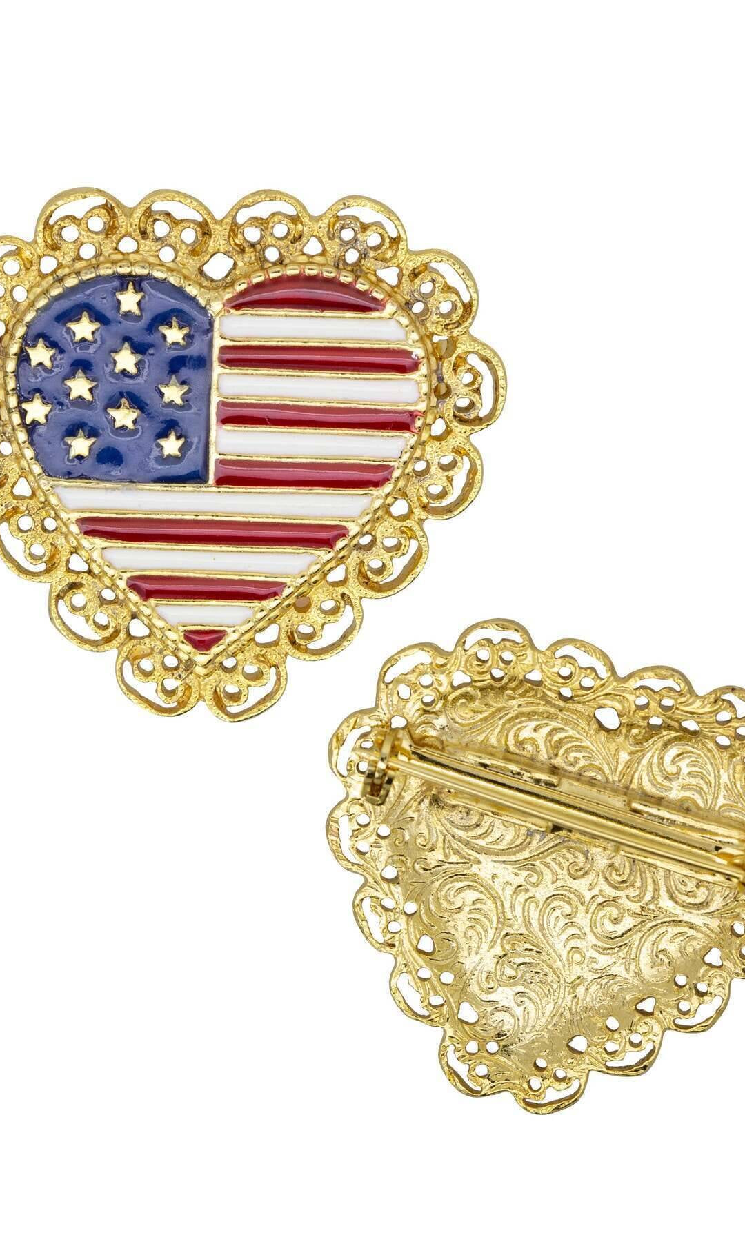 1928 Jewelry Patriotic American Flag Heart Filigree Pin