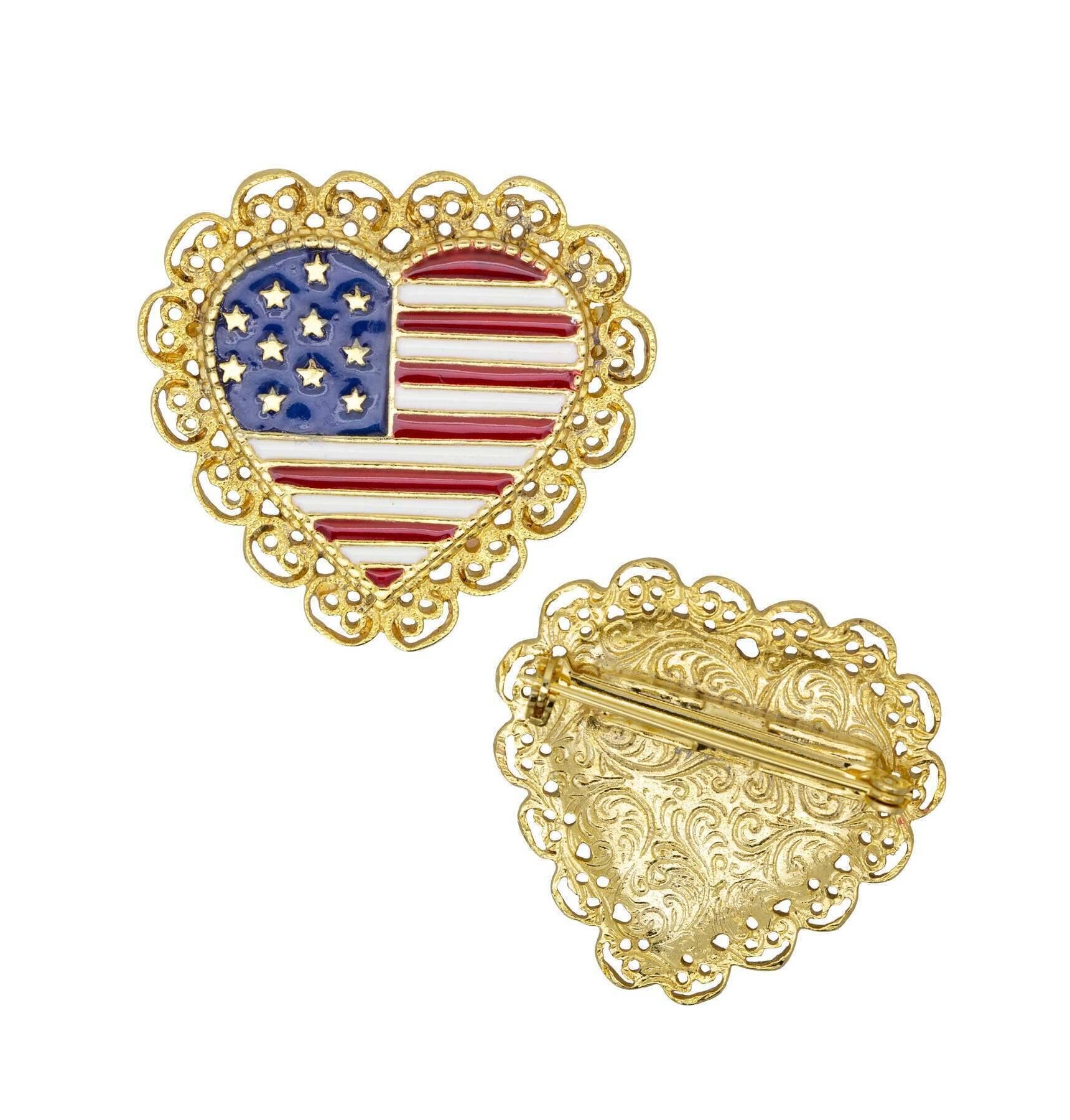 1928 Jewelry Patriotic American Flag Heart Filigree Pin