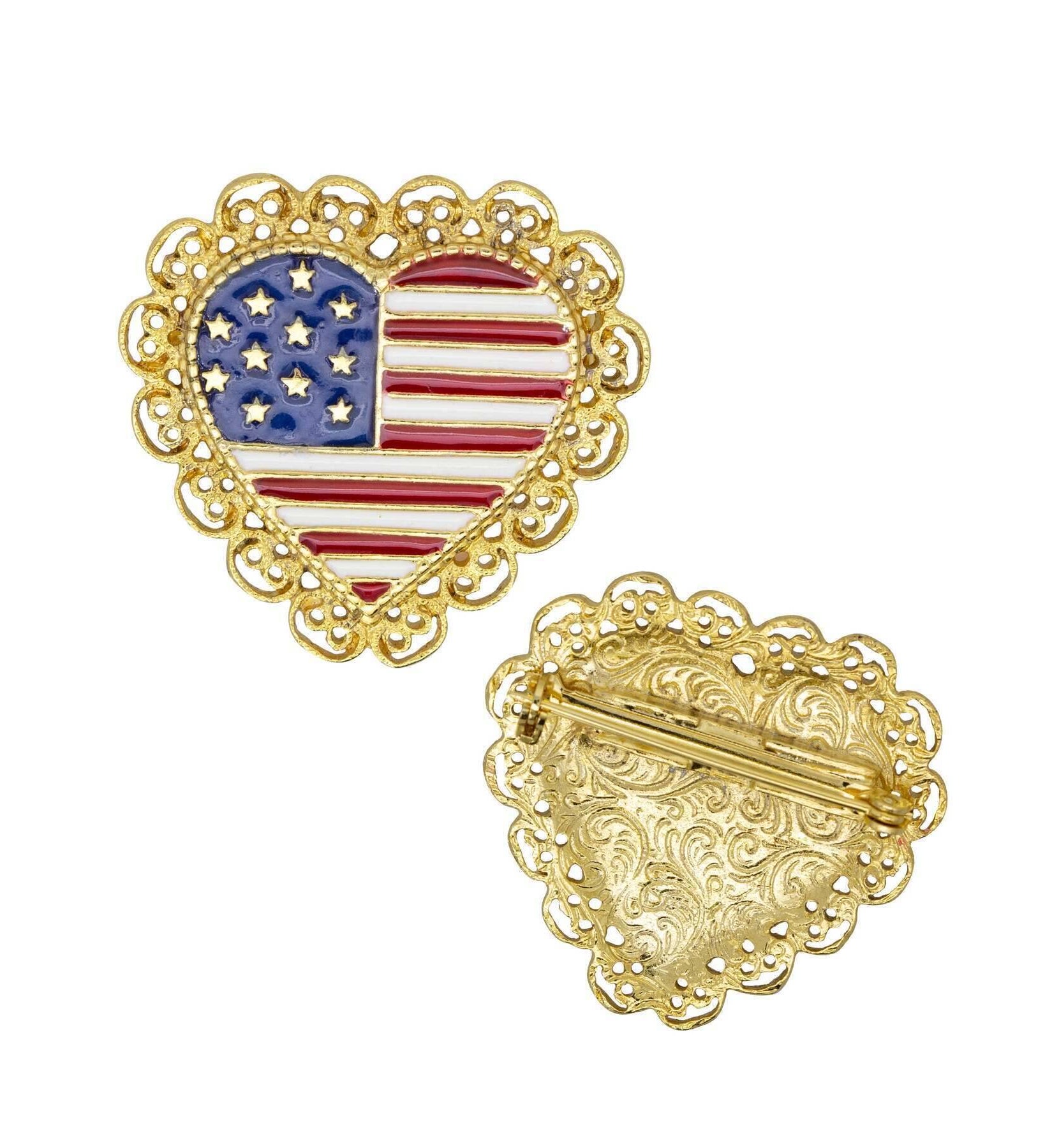 1928 Jewelry Patriotic American Flag Heart Filigree Pin