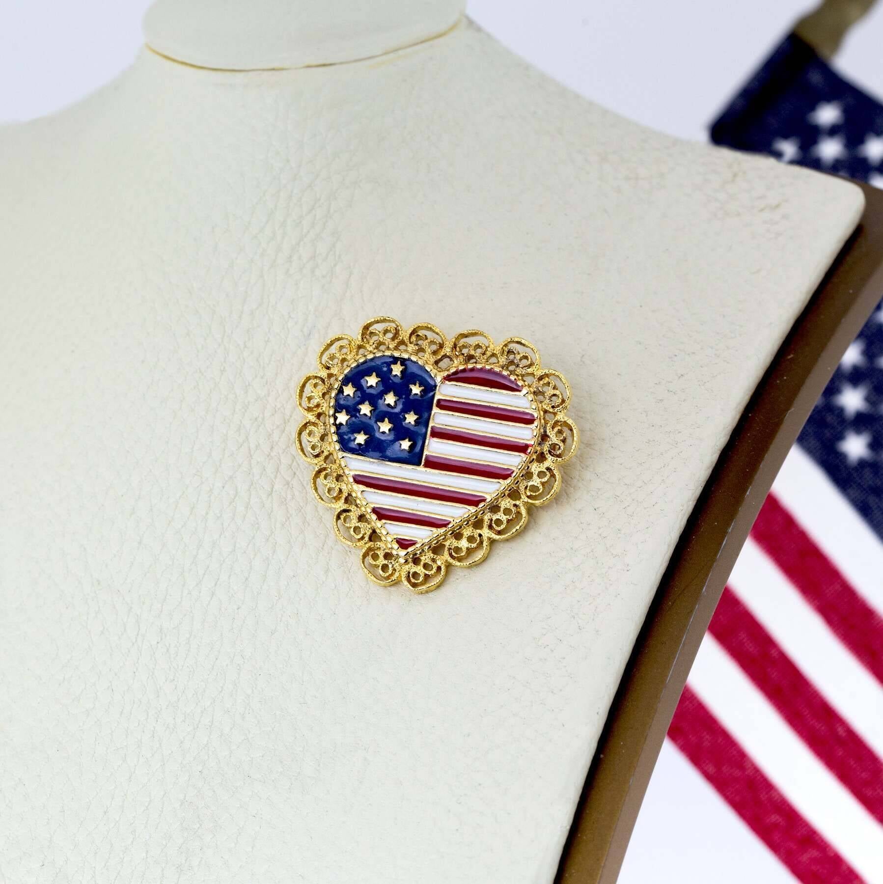 1928 Jewelry Patriotic American Flag Heart Filigree Pin
