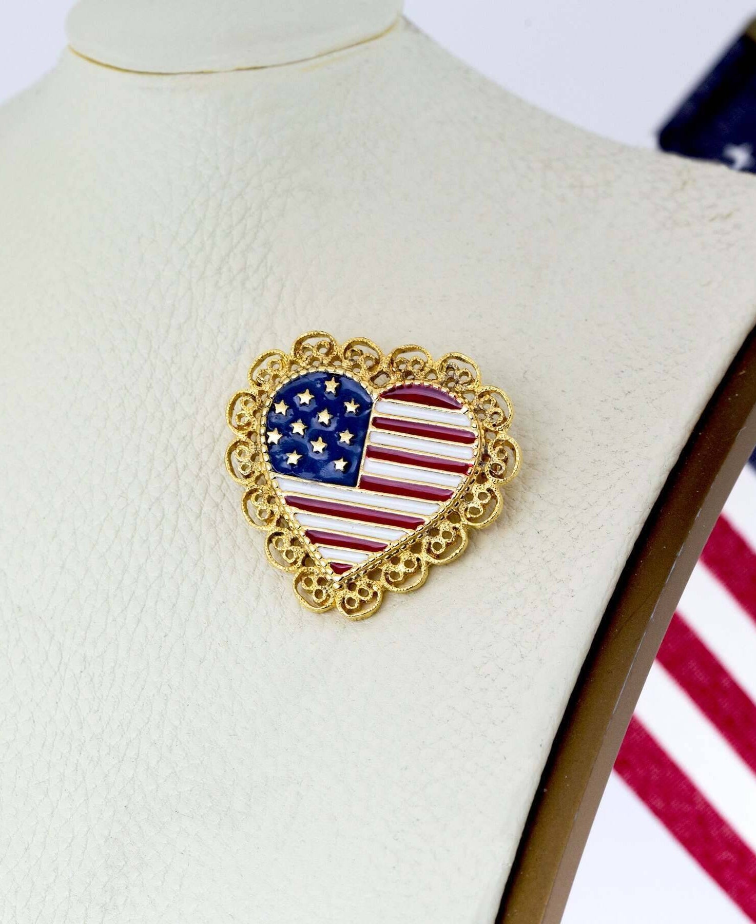 1928 Jewelry Patriotic American Flag Heart Filigree Pin