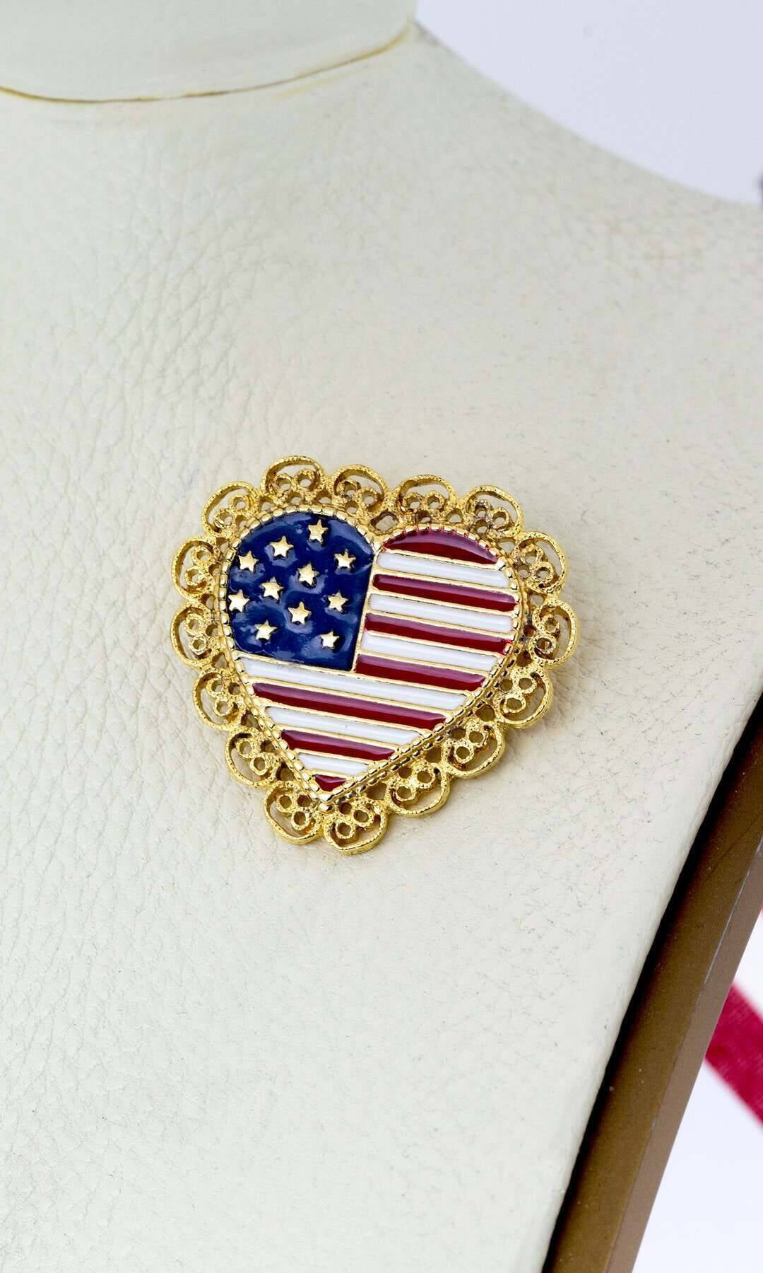 1928 Jewelry Patriotic American Flag Heart Filigree Pin