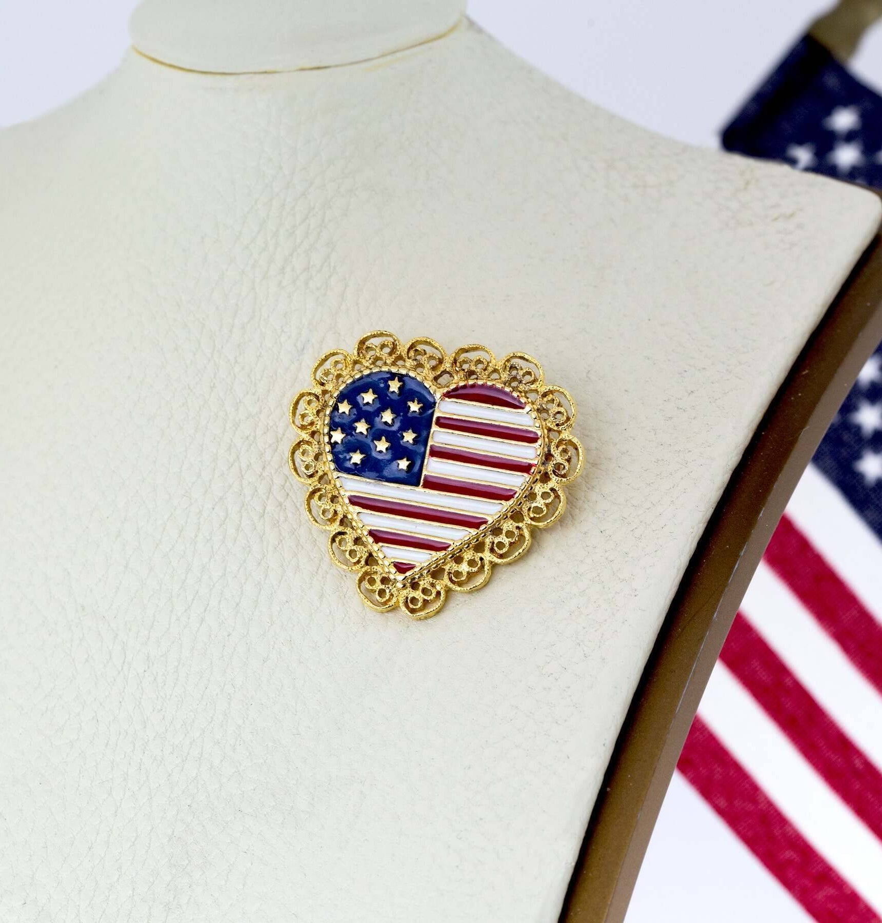 1928 Jewelry Patriotic American Flag Heart Filigree Pin