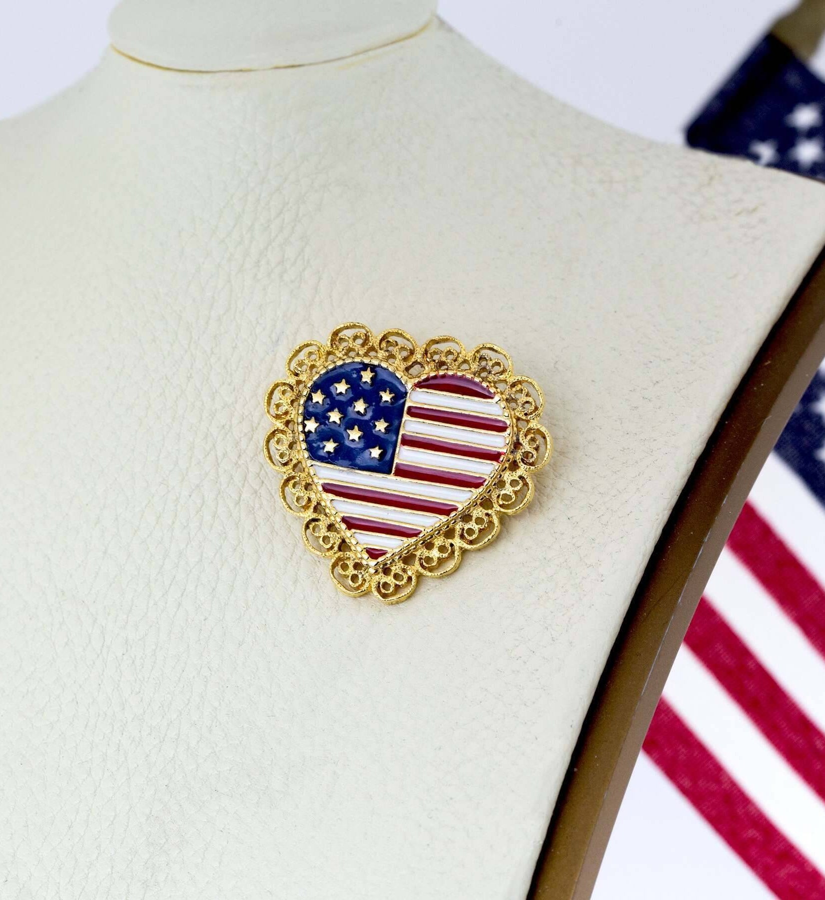 1928 Jewelry Patriotic American Flag Heart Filigree Pin