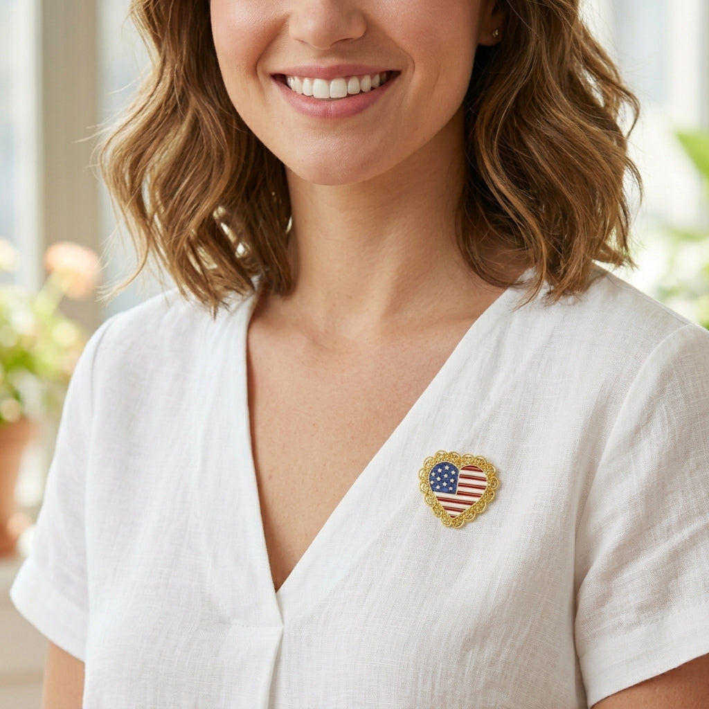 Woman wearing a white blouse with an American flag heart pin brooch.
