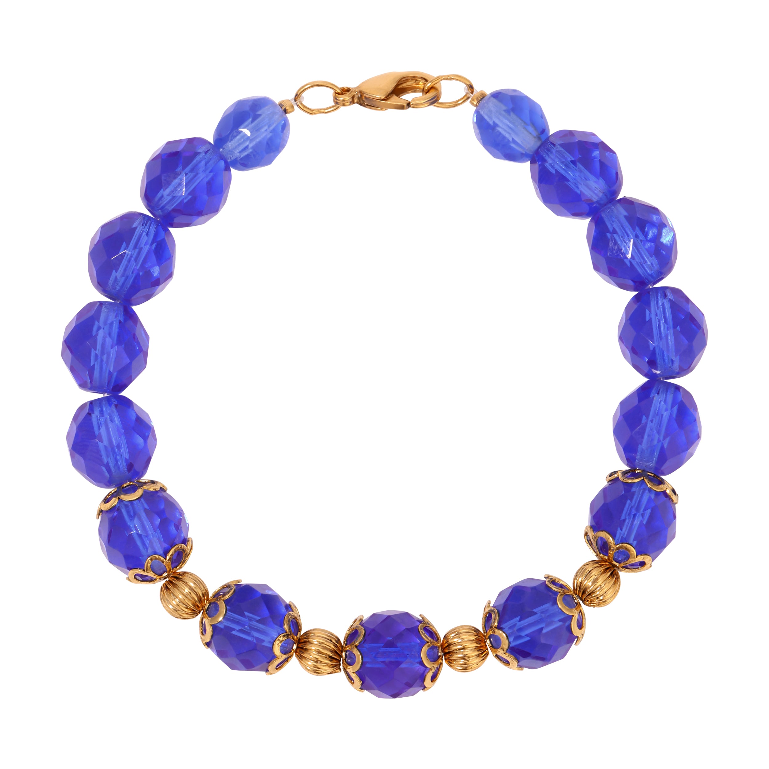 Gold Tone and Blue Fire Polished Crystal Beaded Bracelet 7.5"
