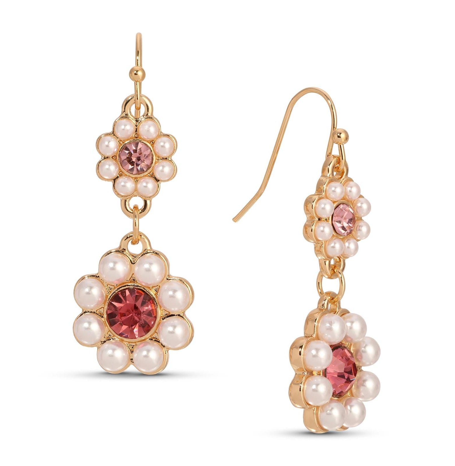 1928 Jewelry Romantic Faux Pearl Pearl & Pink Crystal Double Flower Dangling Earrings