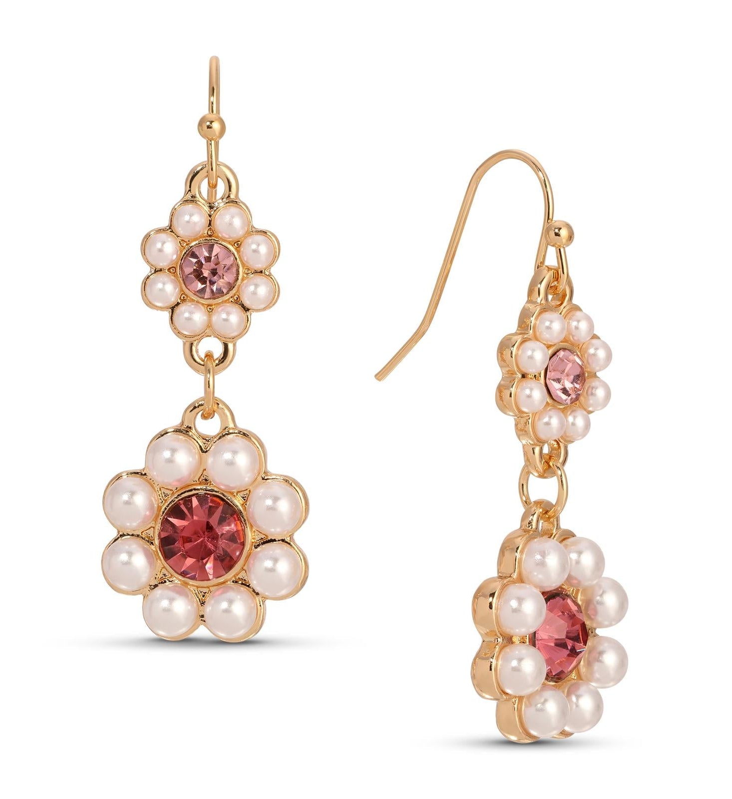 1928 Jewelry Romantic Faux Pearl Pearl & Pink Crystal Double Flower Dangling Earrings