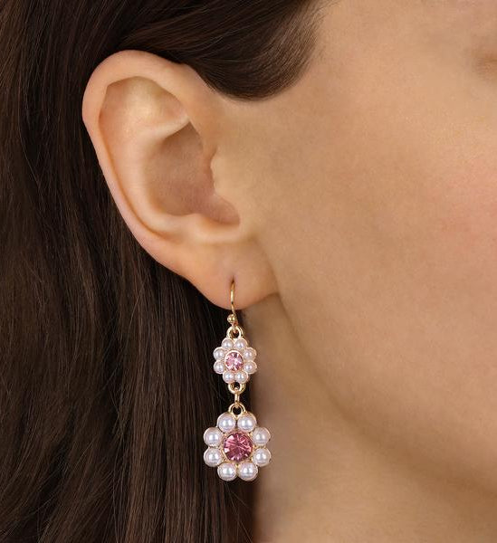 1928 Jewelry Romantic Faux Pearl Pearl & Pink Crystal Double Flower Dangling Earrings