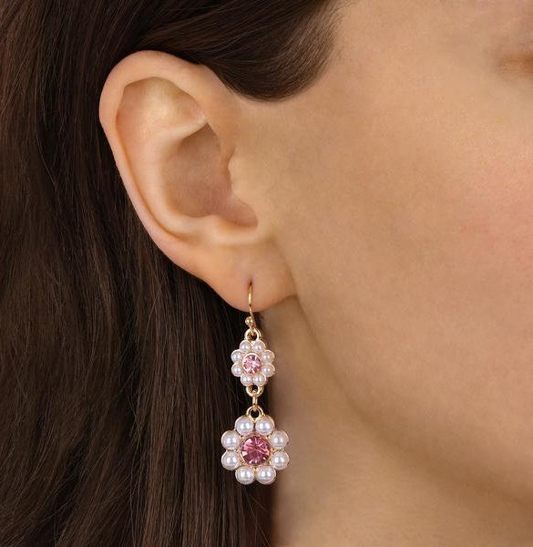 1928 Jewelry Romantic Faux Pearl Pearl & Pink Crystal Double Flower Dangling Earrings