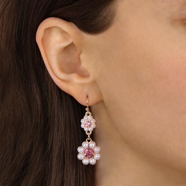 1928 Jewelry Romantic Faux Pearl Pearl & Pink Crystal Double Flower Dangling Earrings