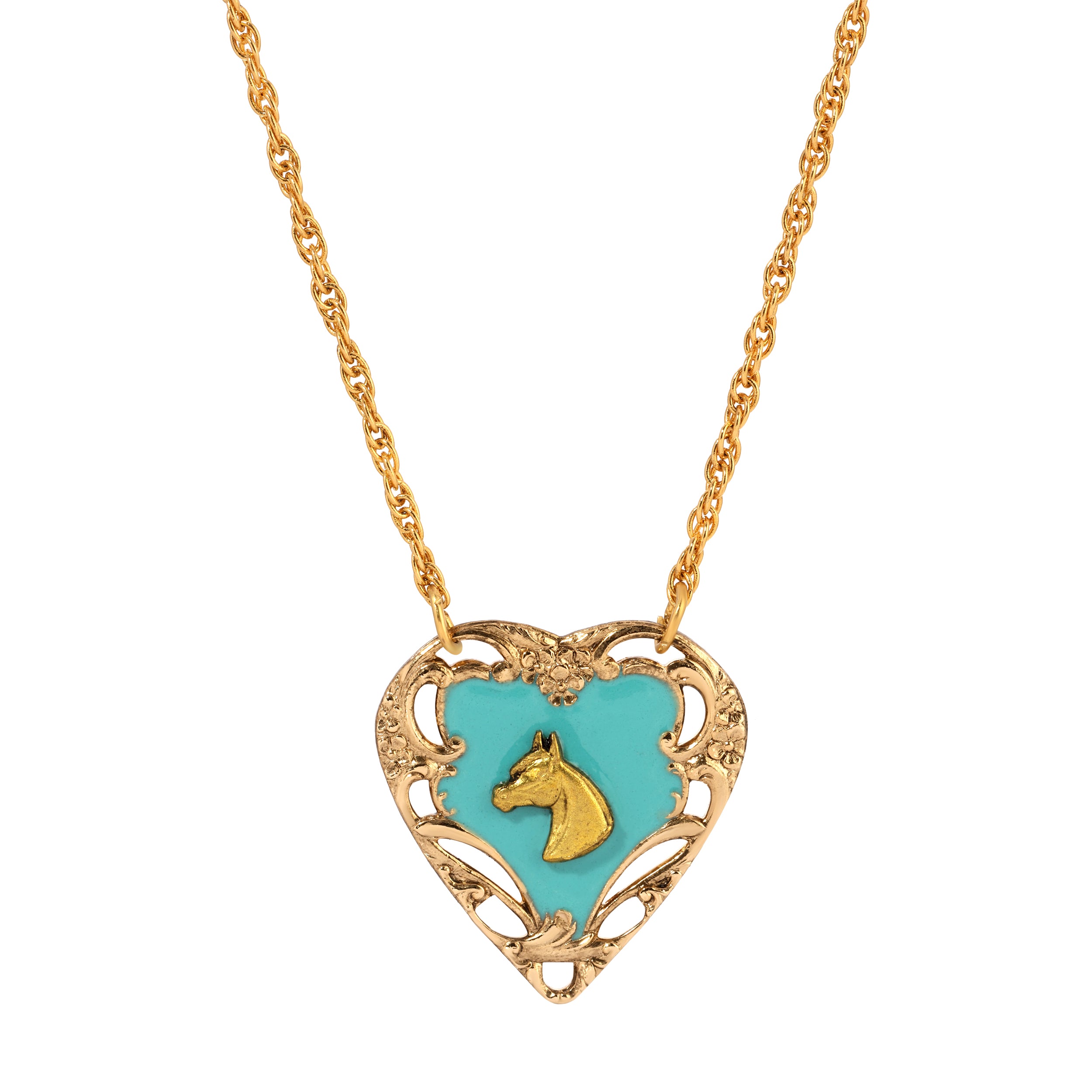 Turquoise & Gold Horse Head Heart Pendant Necklace 16"