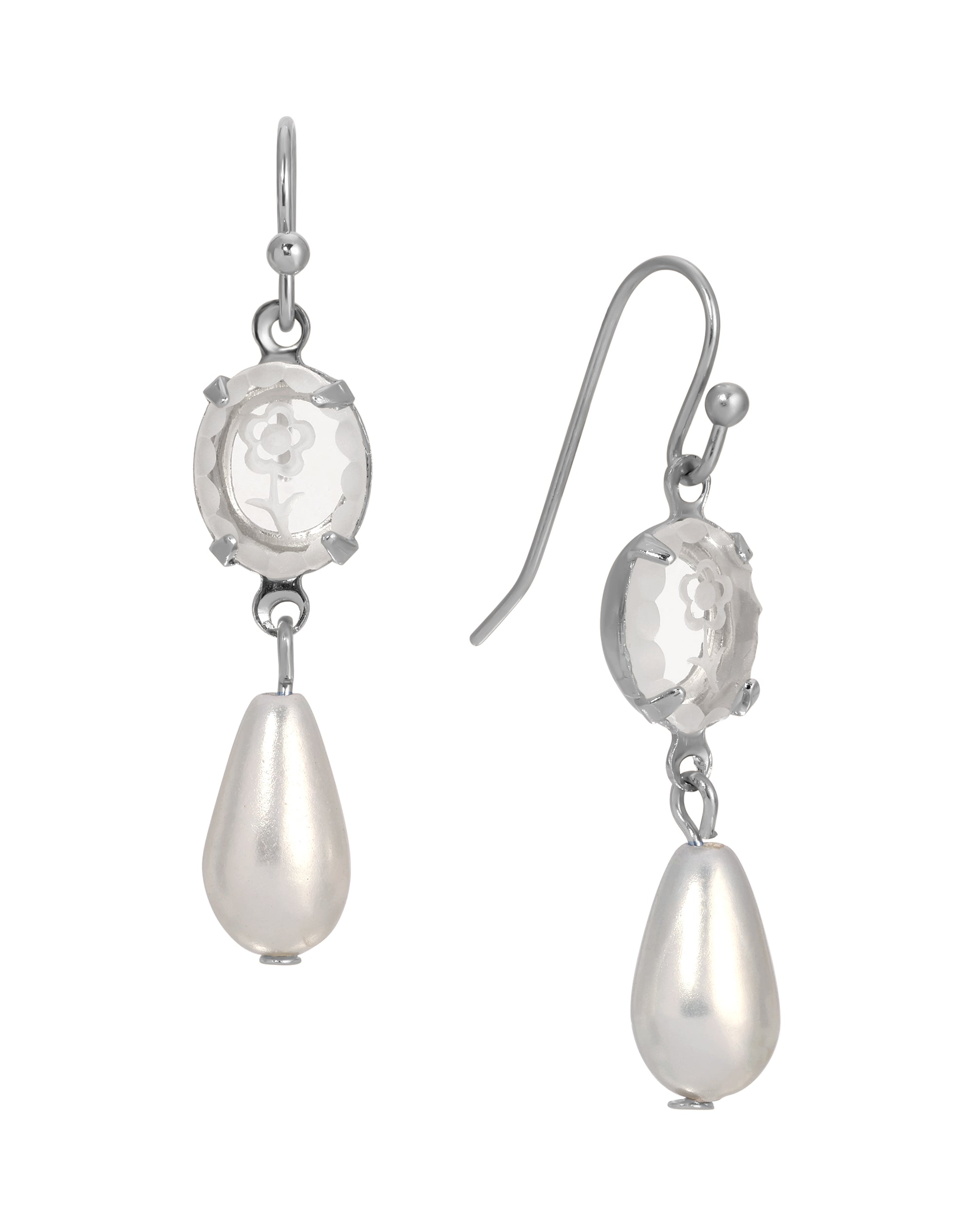 Silver Tone Flower Glass Crystal & Faux Pearl Teardrop Dangle Earrings