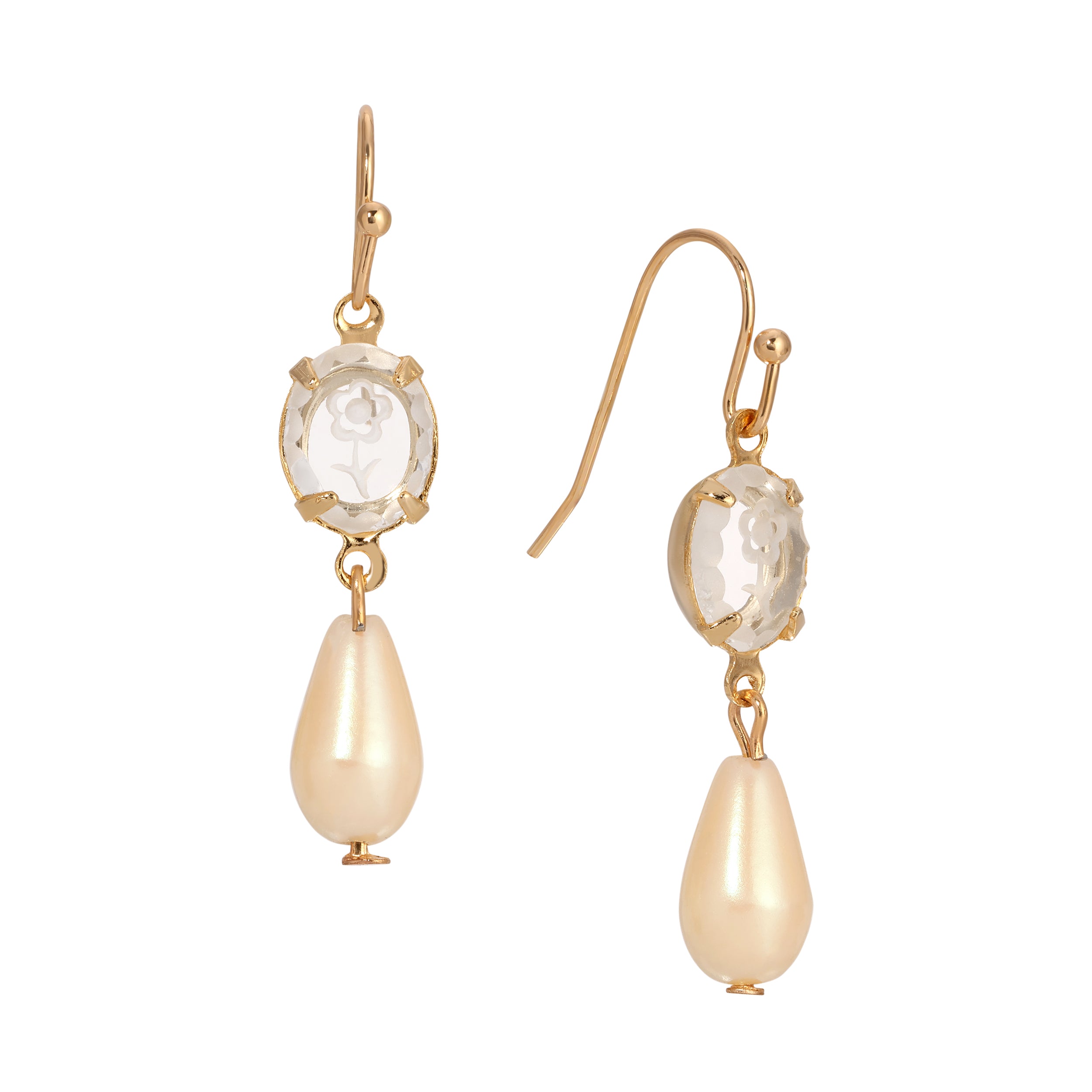 Gold Tone Flower Glass Crystal & Faux Pearl Teardrop Dangle Earrings