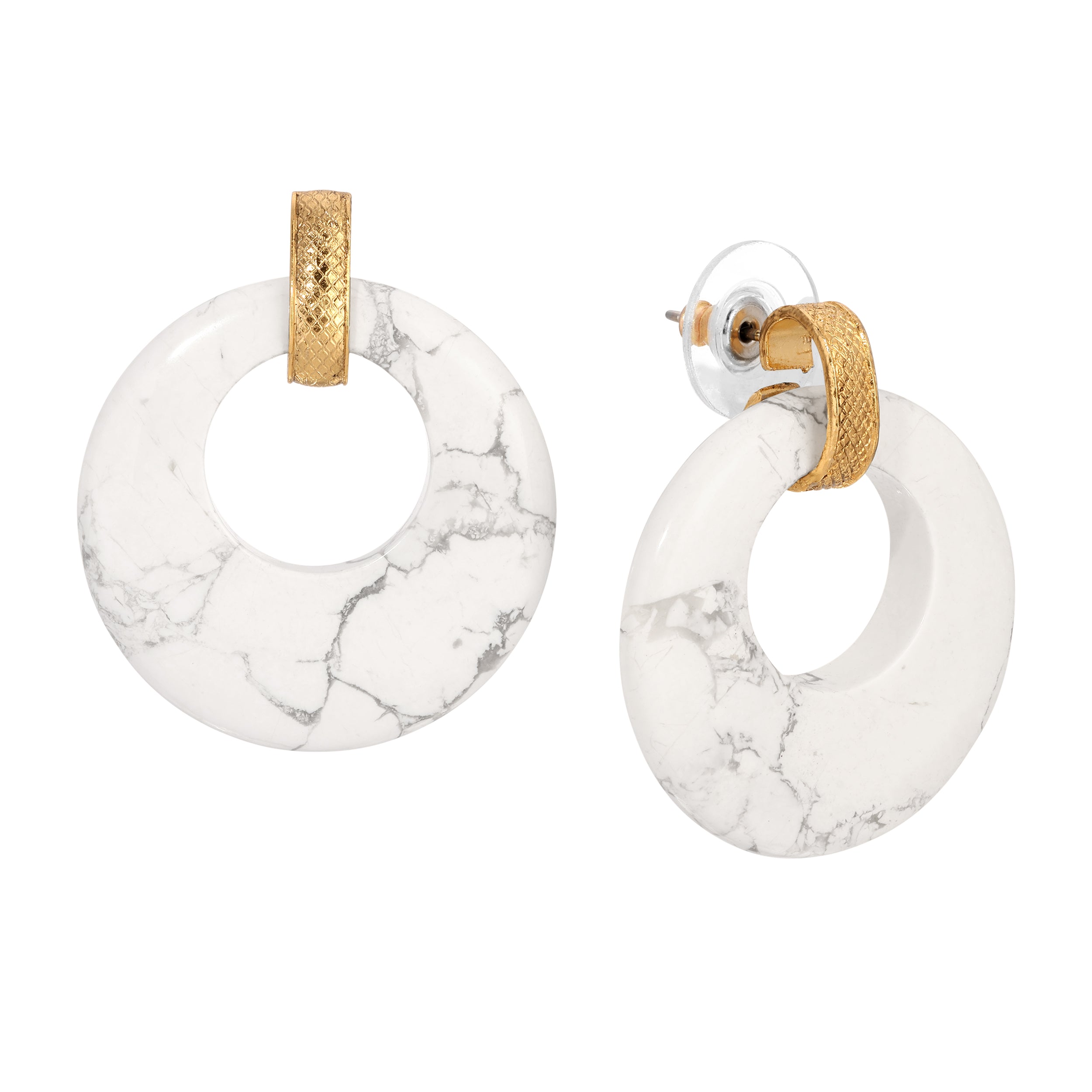 Gold Semi-Precious White Howlite Gemstone Hoop Stud Earrings