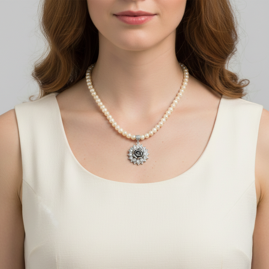 Woman wearing a pearl necklace with a silver floral pendant against a neutral background