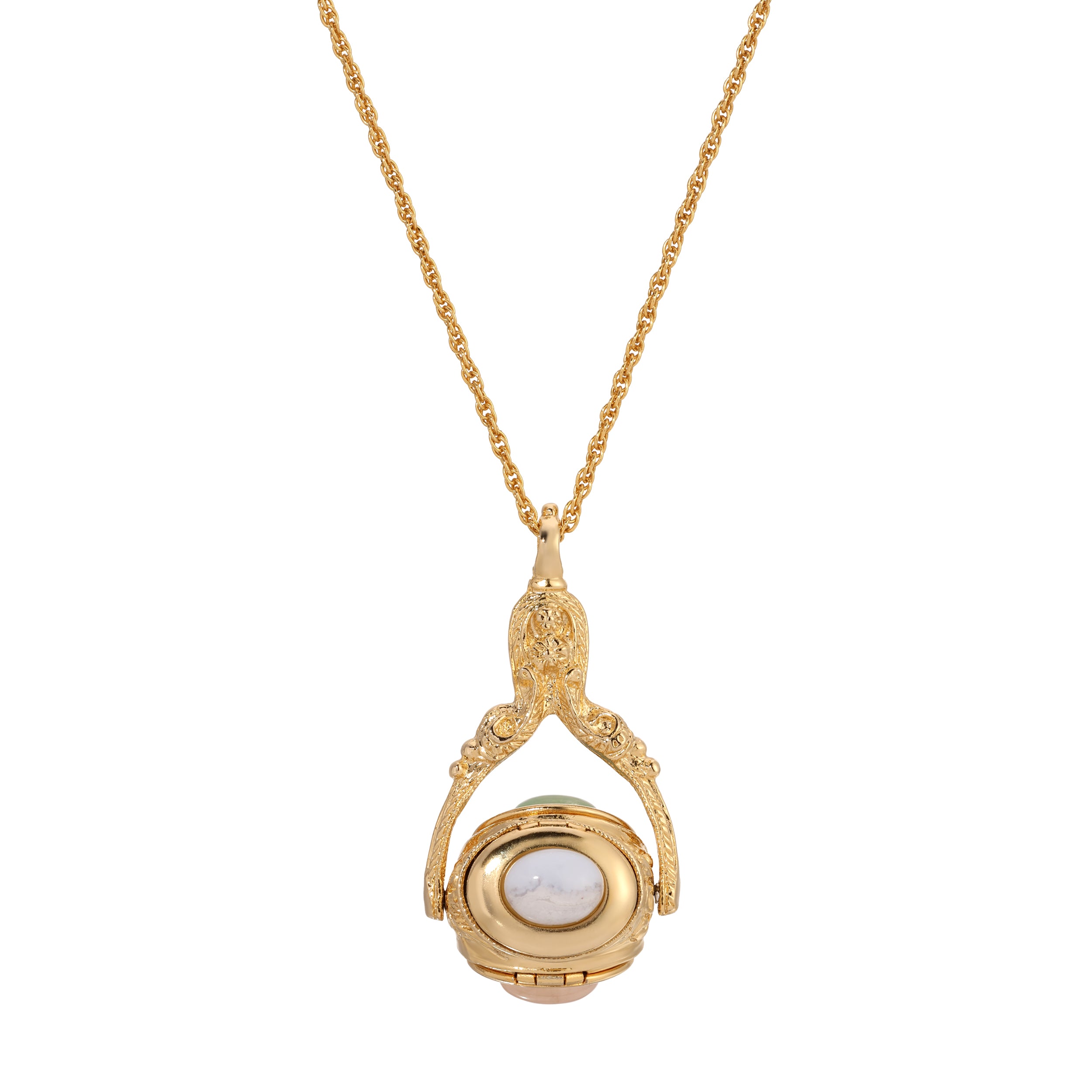 Gold-tone necklace with a multicolor spinner pendant on a white background.