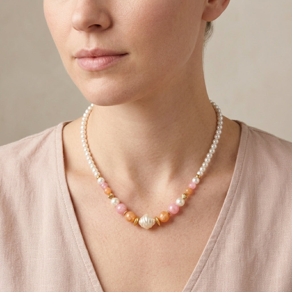 Pearl necklace worn by a person against a neutral background