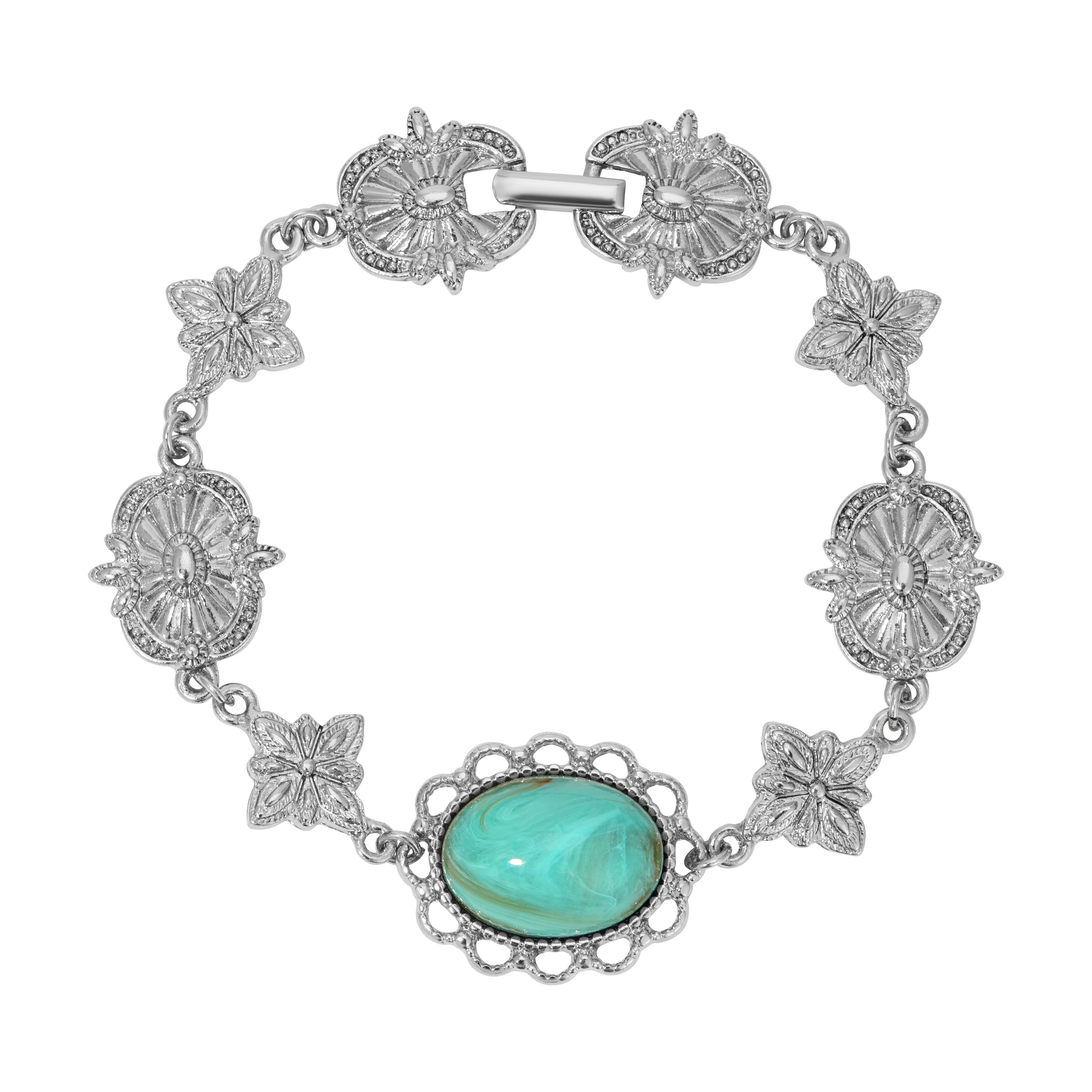 Silver & Oval Turquoise Stone Antiqued Chain Bracelet