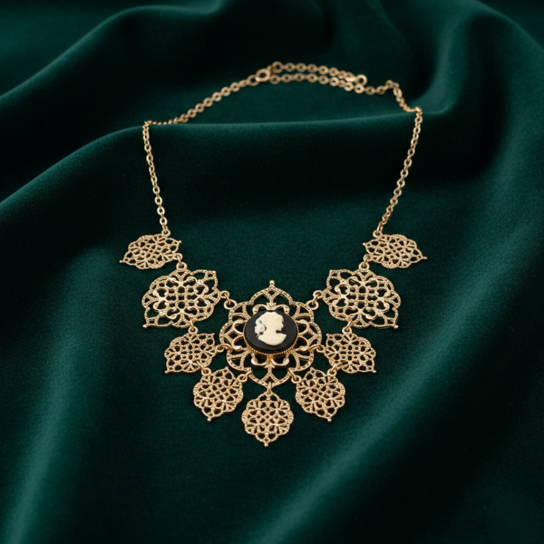 Gold necklace with a central pendant on a dark green fabric background