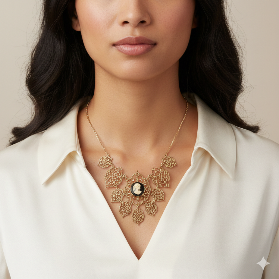 Woman wearing a gold necklace with a black cameo center against a neutral background