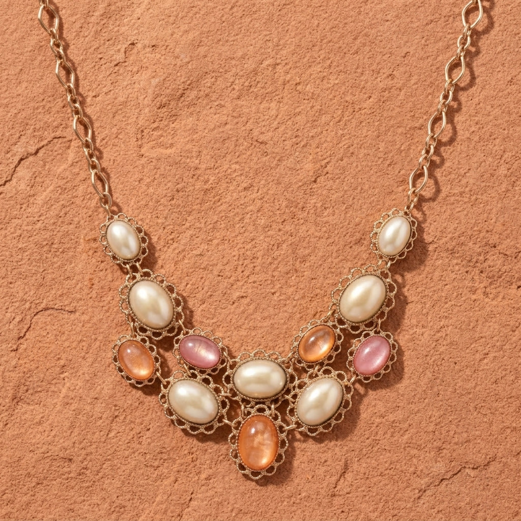 Golden Peppermint & Toffee Oval Stone Pearl Bib Necklace on a sandstone surface
