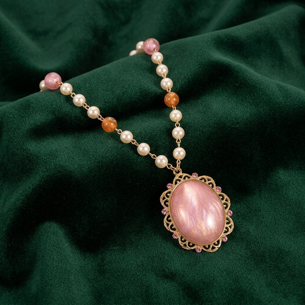 Golden Faux Pearl Beaded Peppermint Stone Pendant Necklace resting on dark green fabric