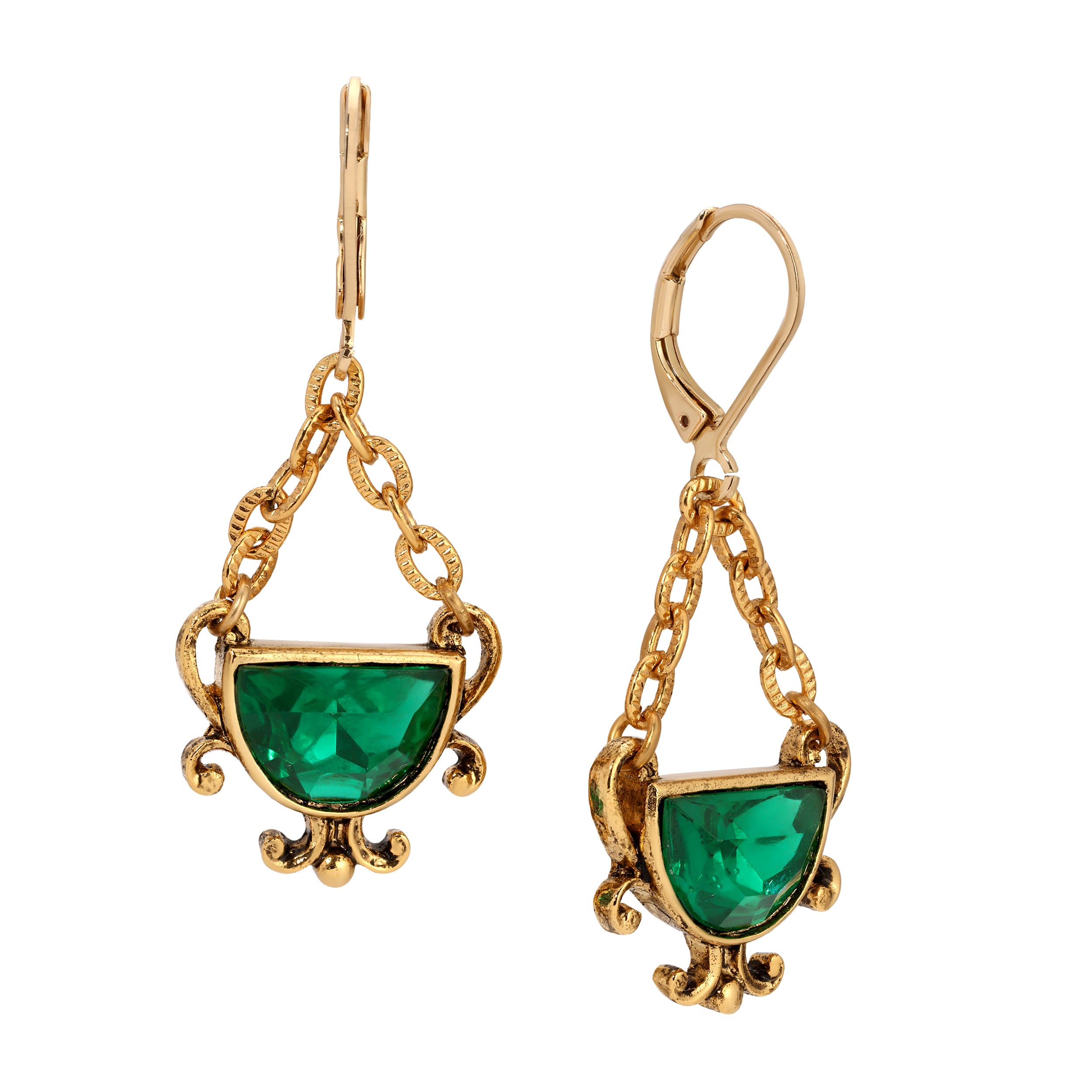 Gold Tone and Green Chalice Crystal Drop Earrings