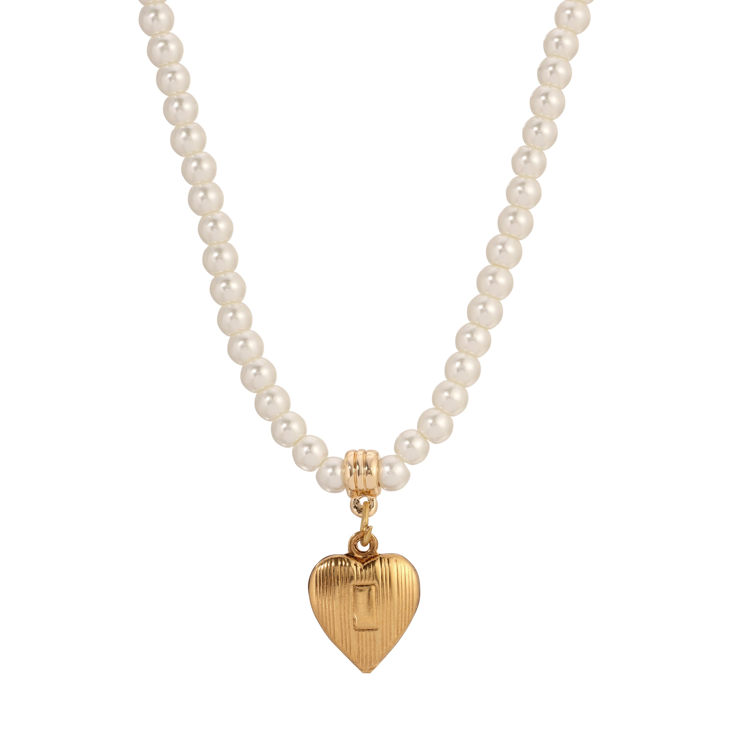 Glass Pearl And Gold Heart Drop Pendant Beaded Necklace 15" + 3" Extender