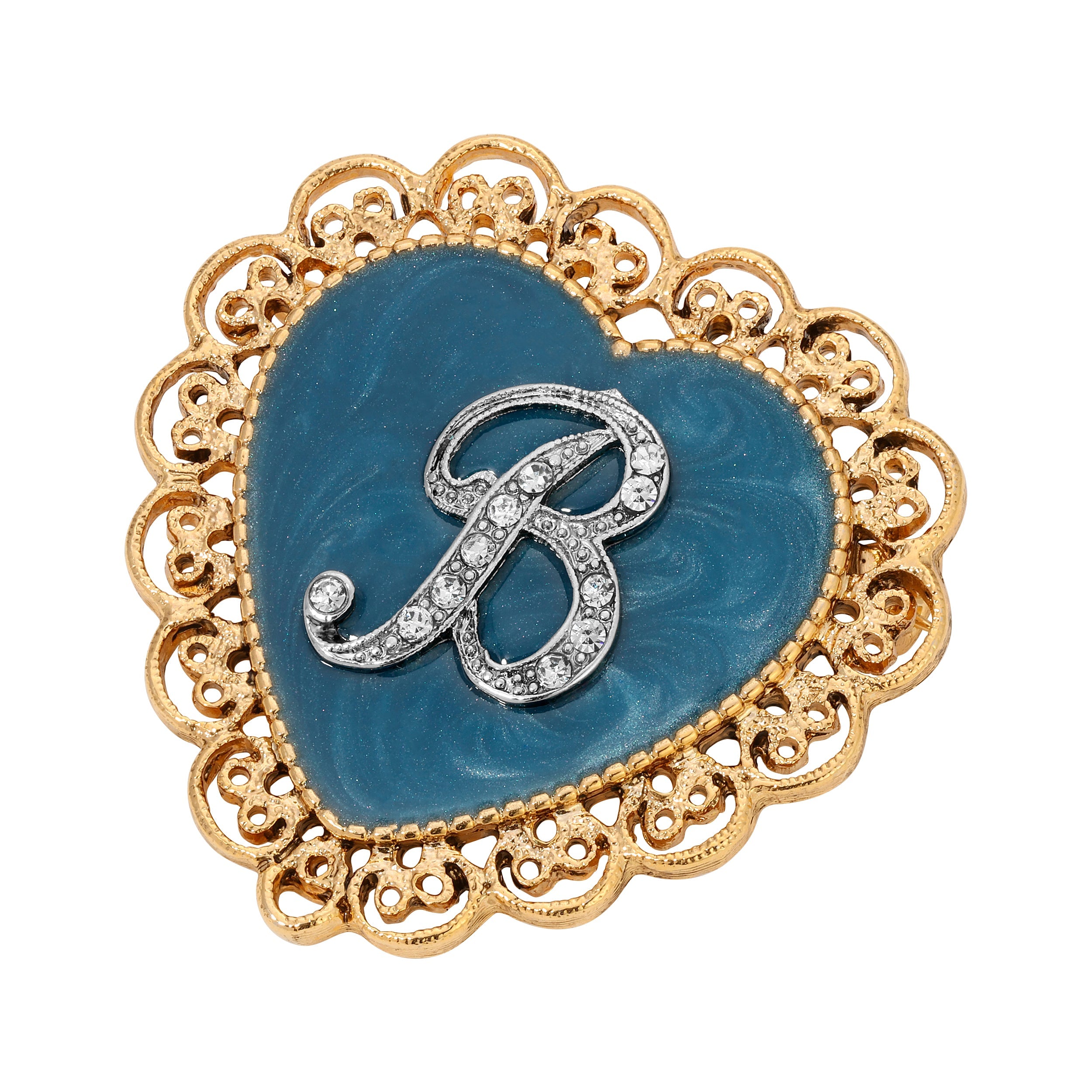 Initial & Blue Heart Stone Gold Filigree Pin - Letter "B"
