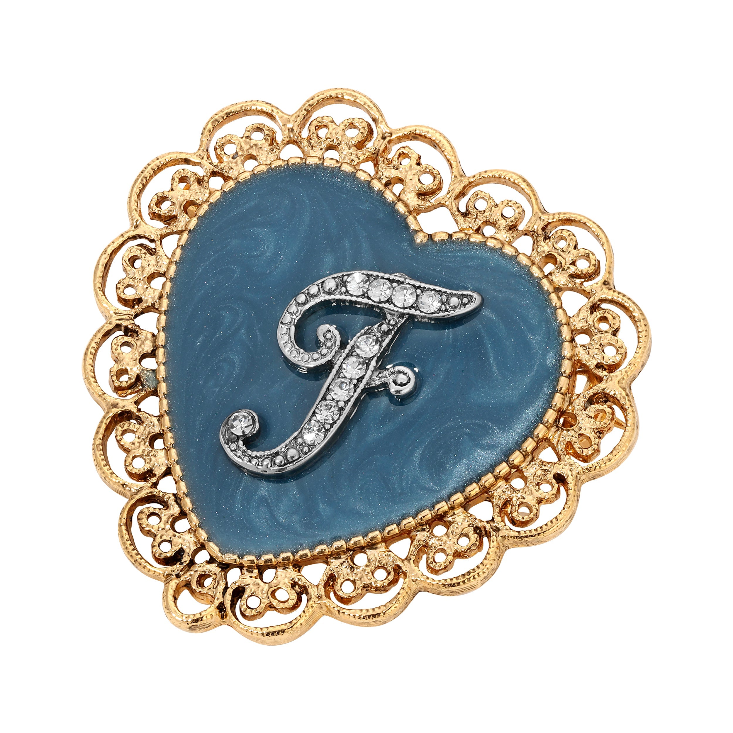 Initial & Blue Heart Stone Gold Filigree Pin - Letter "F"