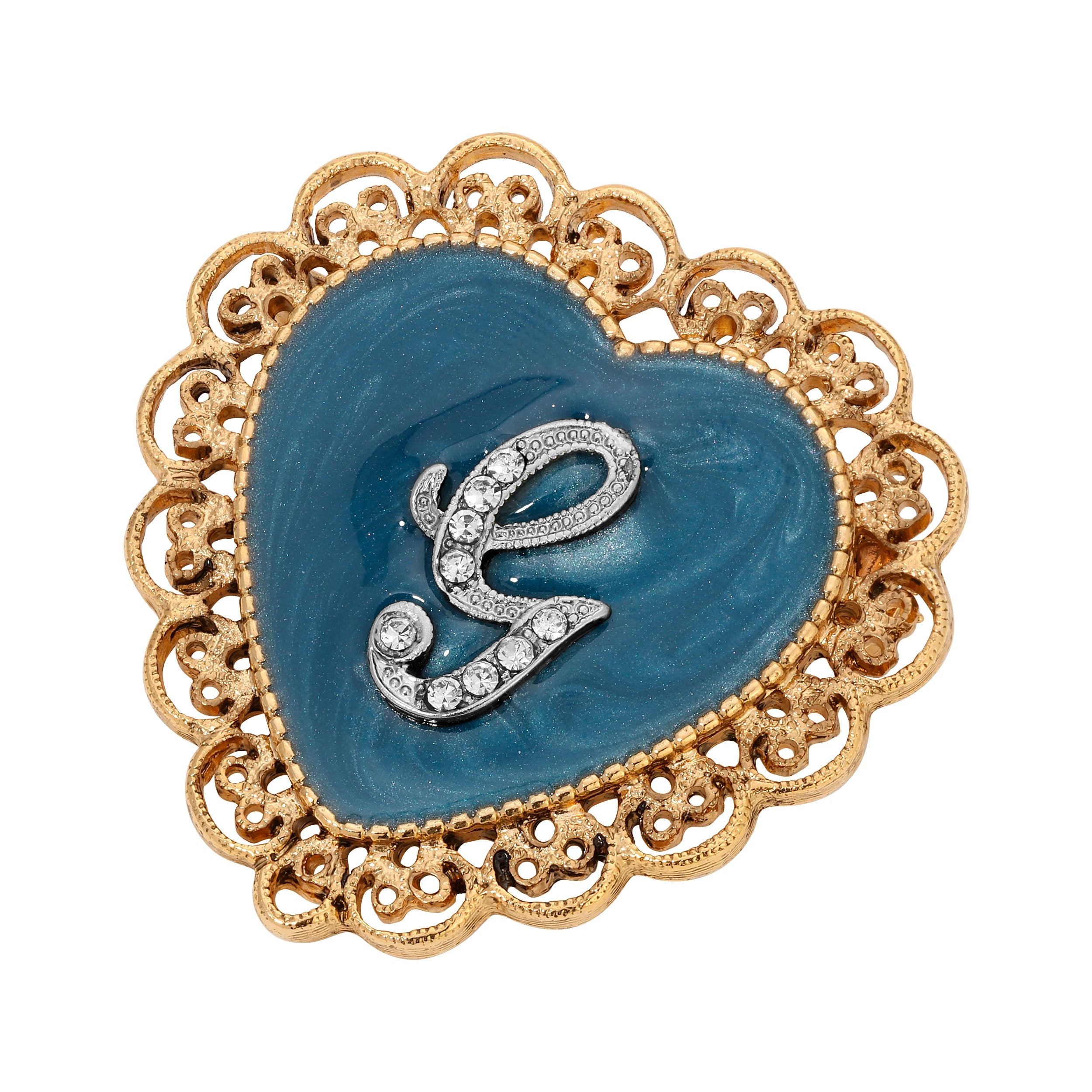 Initial & Blue Heart Stone Gold Filigree Pin - Letter "G"